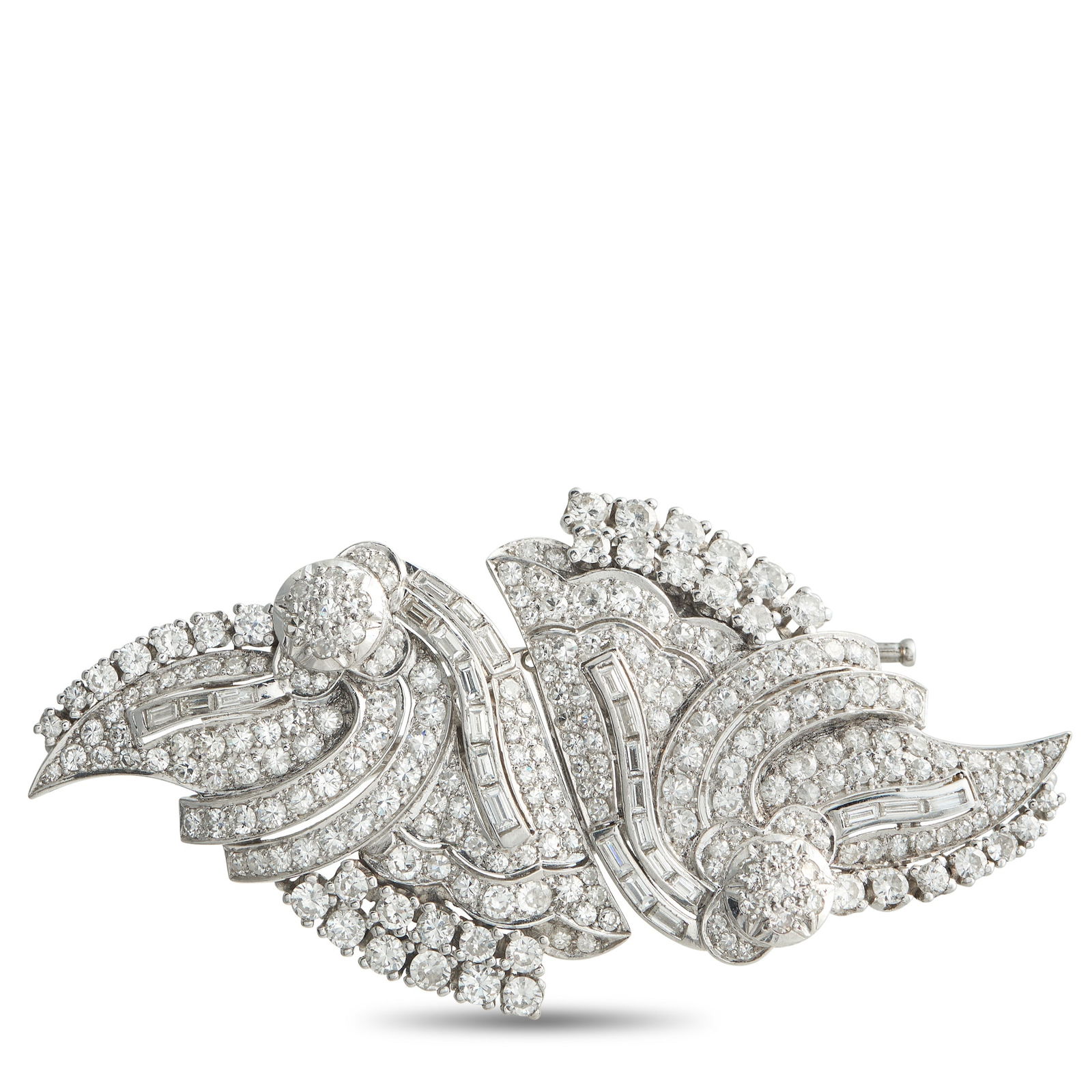 Platinum 7.50ct Diamond Brooch: This luxury brooch is filled with dramatic details. Along with an intricate Platinum setting, this piece features a dazzling array of Diamonds totaling 7.50 carats. It measures 1.50” long by