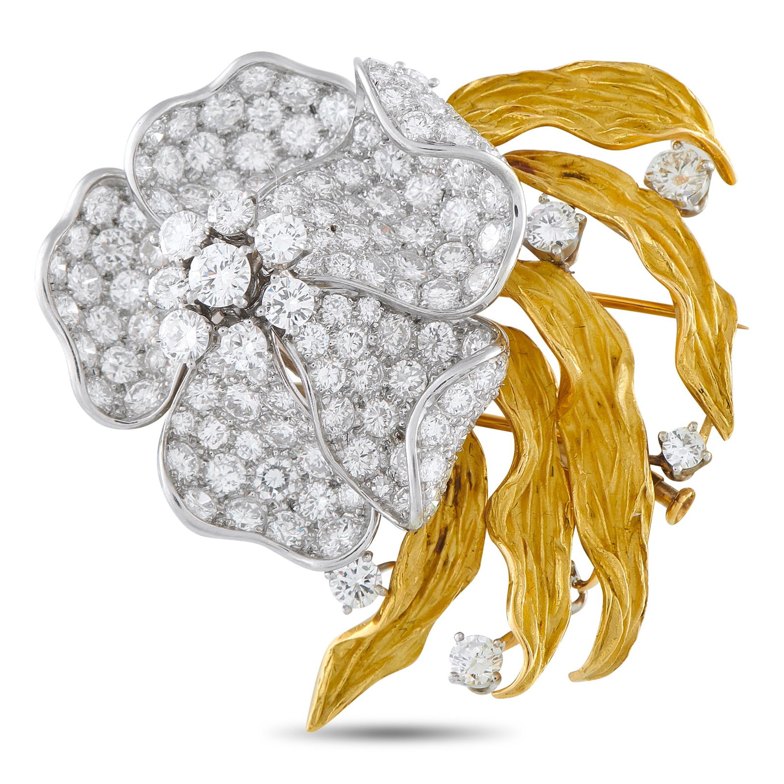 18K Yellow and White Gold 7.5ct Diamond French Brooch: A piece of nature for your daily rotation. This floral brooch captures the beauty of a wild orchid. Its golden leaves feature a soft, brushed texture that keeps the vibe low-key. The brilliant bloom
