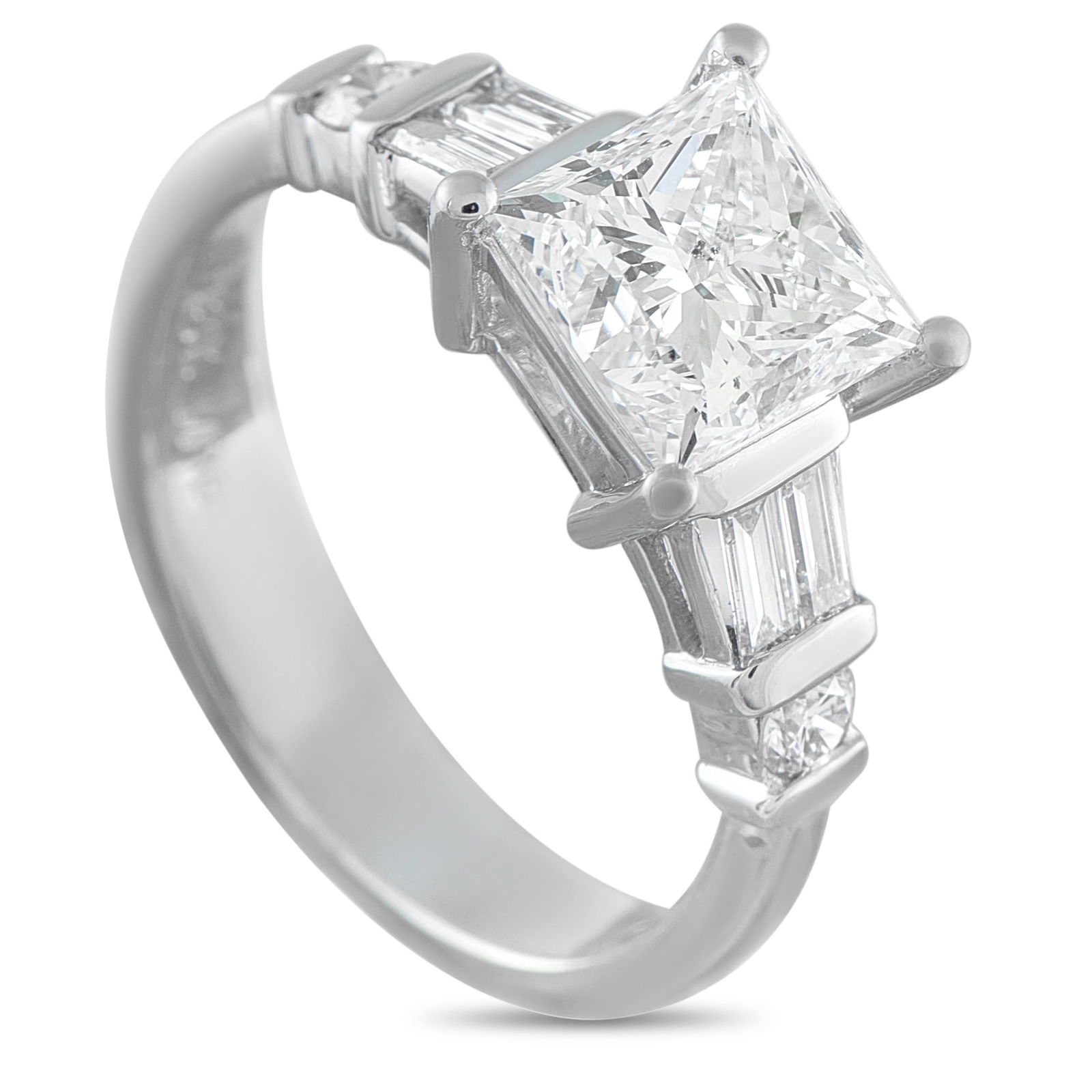 18K White Gold 2.37ct Diamond Ring: A classically elegant design means this ring will never go out of style. At the center, a 2.01 carat GIA Certified Diamond with I color and SI1 clarity offers endless sparkle. It’s flanked by