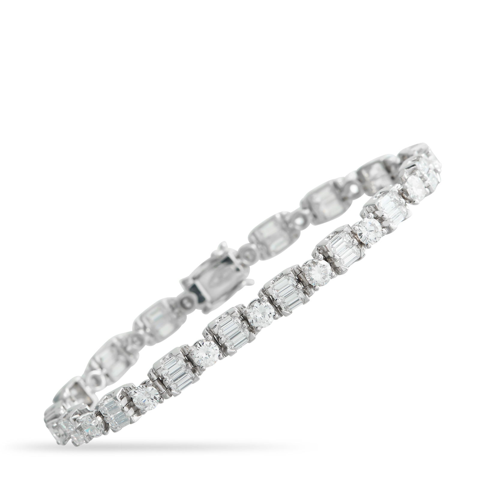 18K White Gold 10.54ct Diamond Bracelet: This luxury bracelet possesses a timeless sense of sophistication. Simple yet statement-making, Diamonds with a total weight of 10.54 carats shine brightly from their place within the 18K White Gold