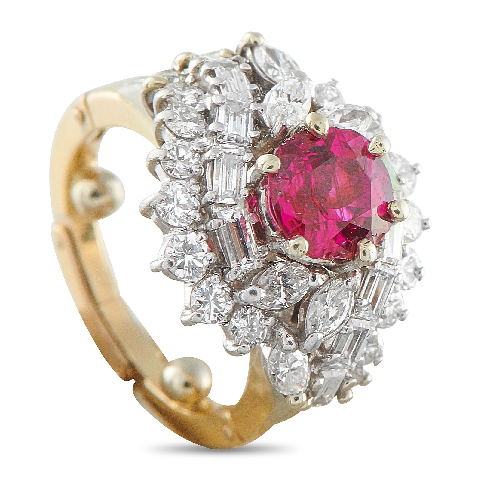 Platinum and 18K Yellow Gold 1.85ct Diamond and No-Heat Burmese Ruby Ring: A true vintage jewel, this ring reflects a period when craftsmanship and practicality met in equal measure. The platinum setting rises above a yellow gold hinged shank, a thoughtful feature
