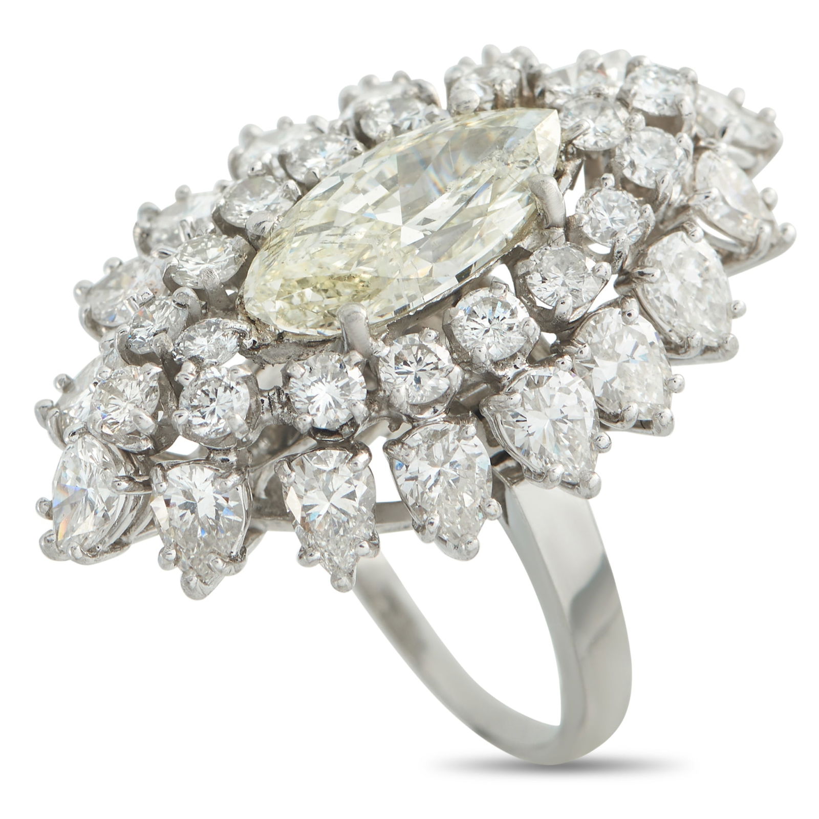 Platinum 7.52ct Diamond Ring: A dramatic shape makes this luxury ring instantly captivating. Bold and incredibly impressive, a 2.62 carat marquise-cut Diamond shines brightly at the center of the design. It’s surrounded by