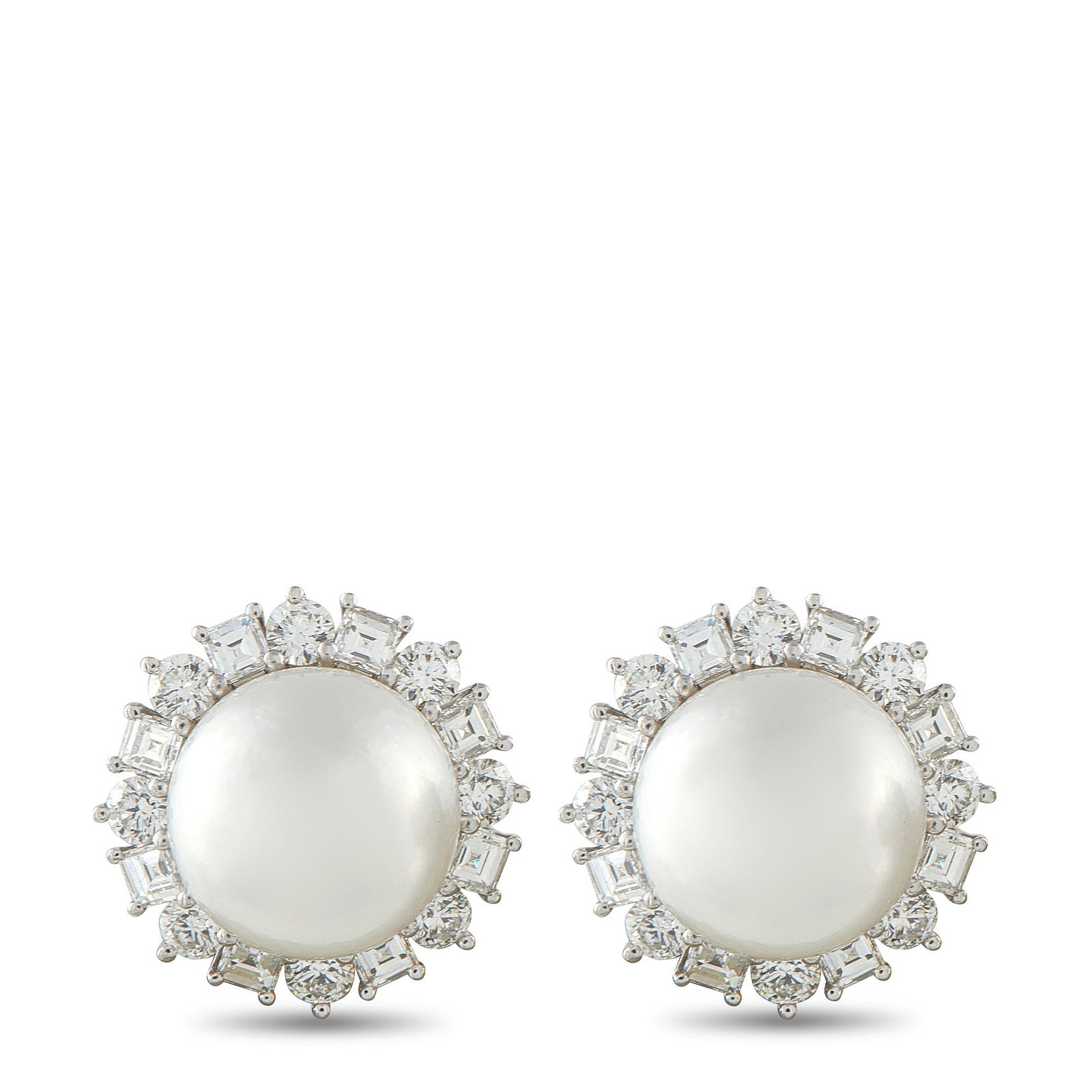 Harry WinstonPlatinum 3.20ct Diamond and Pearl Earrings: These Harry Winston earrings are incredibly sophisticated. Luminous 13.2mm Pearls make a statement at the center, while a halo of Diamonds effortlessly accents each earring. Together, they feature