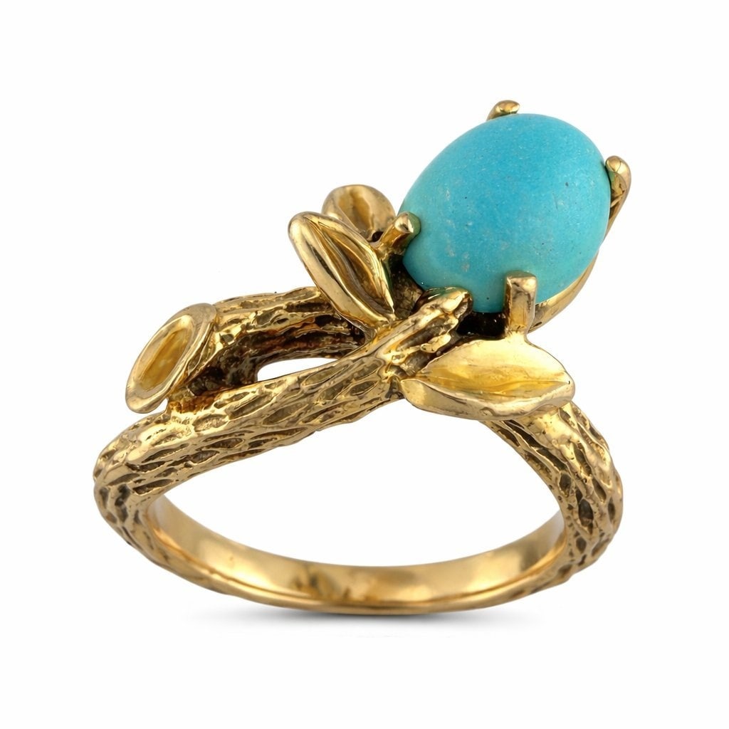Ring - 14 kt. Yellow gold: Exclusive 14K Yellow Gold Turquoise Ring with Sculpted Branch MotifAn elegant nature inspired ring crafted in rich yellow gold, designed with delicate tree branch detailing that gently cradles a vivid