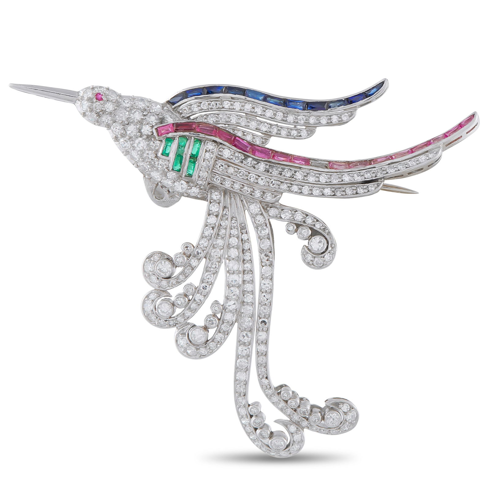 Platinum 3.25ct Diamond, Ruby, Emerald, and Sapphire Bird Brooch (1 of 3)