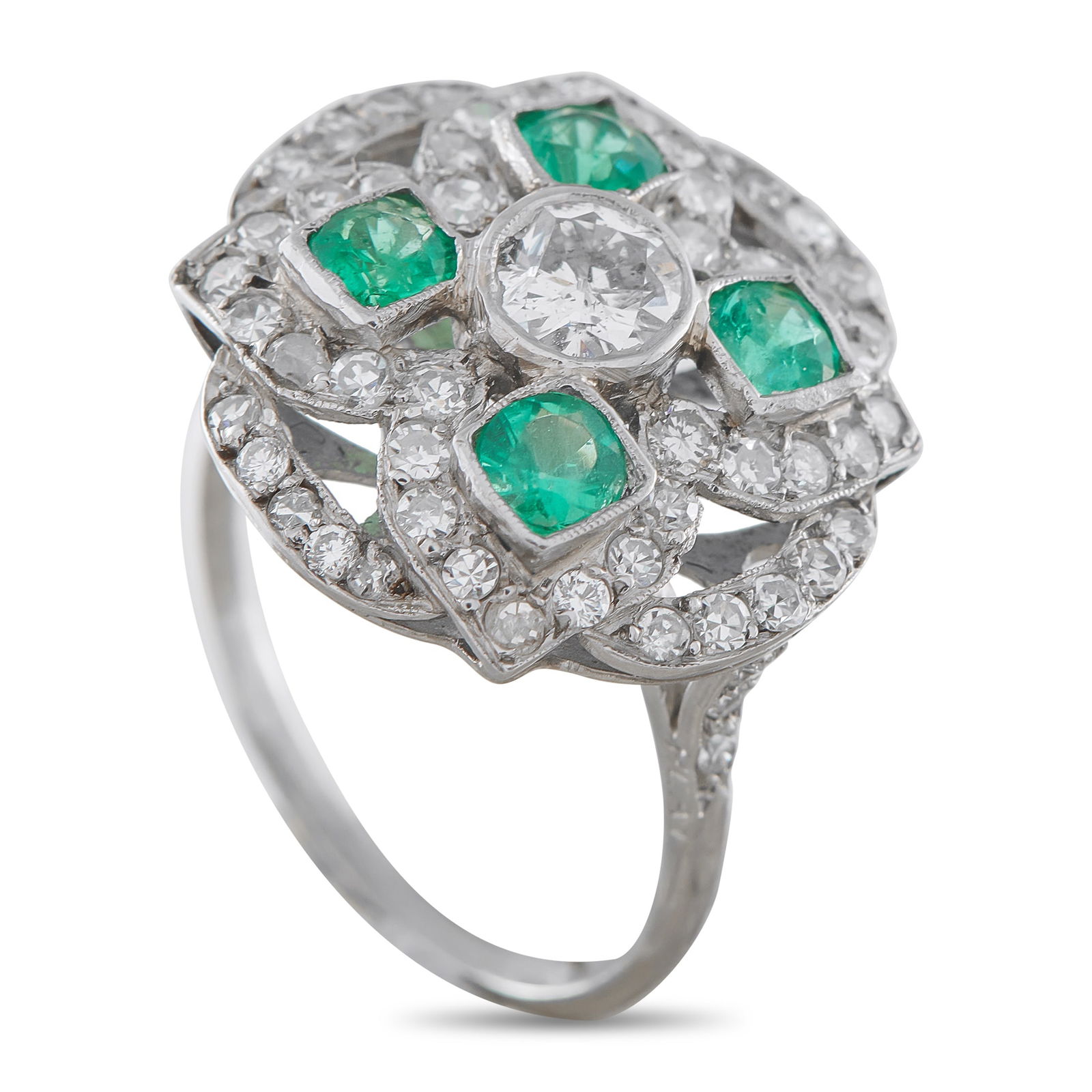 Antique Platinum 1.30ct Diamond and Emerald Ring: This antique ring is incredibly chic. Exquisitely crafted, sparkling Diamonds totaling 1.30 carats allow it to effortlessly catch the light. Emerald accents totaling 0.60 carats add a stylish pop of c