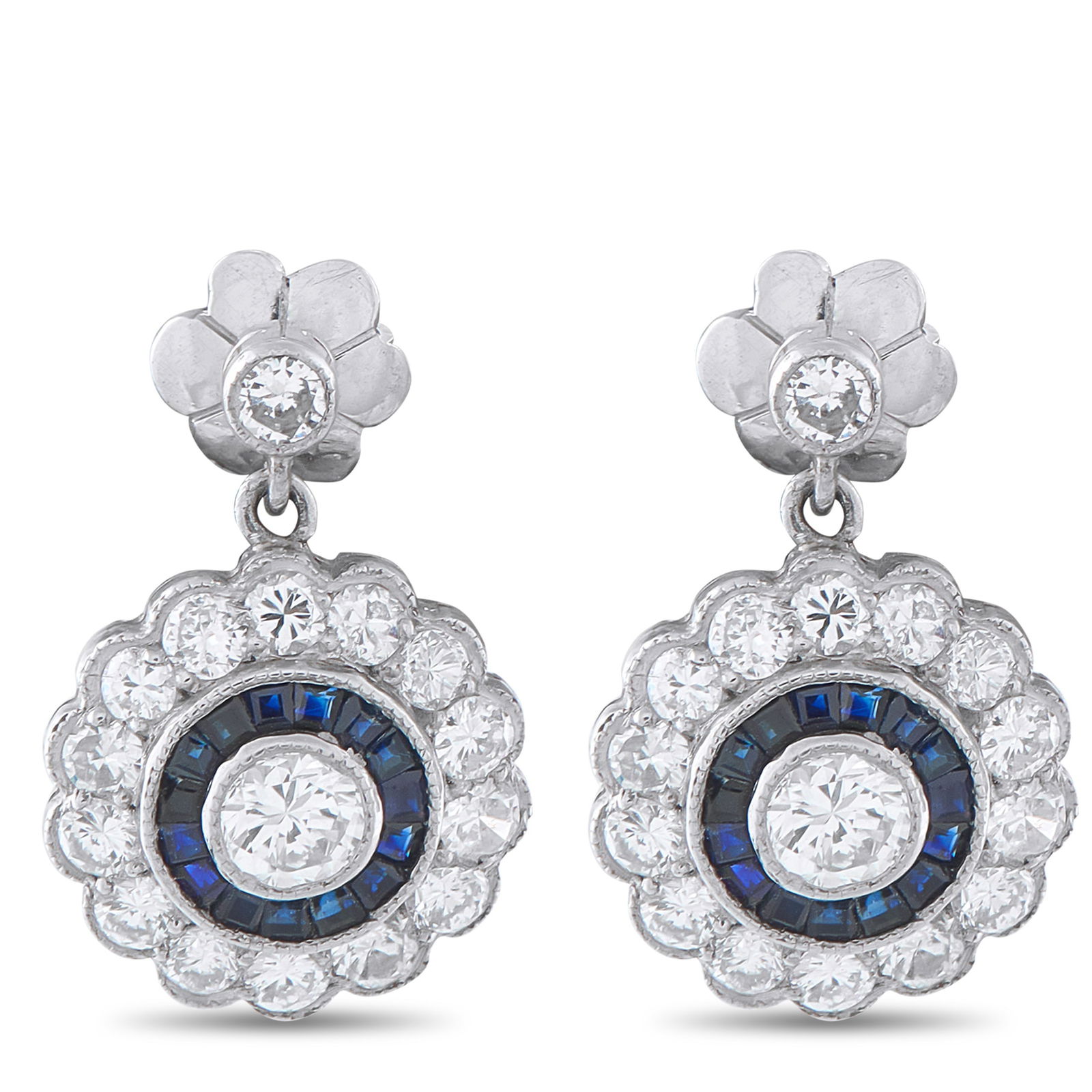 Platinum 1.66ct Diamond and Sapphire Earrings: These earrings are as elegant as they are effortless. Set in Platinum, they beautifully showcase sparkling Diamonds with a total weight of 1.66 carats. Sapphire accents provide a stylish pop of