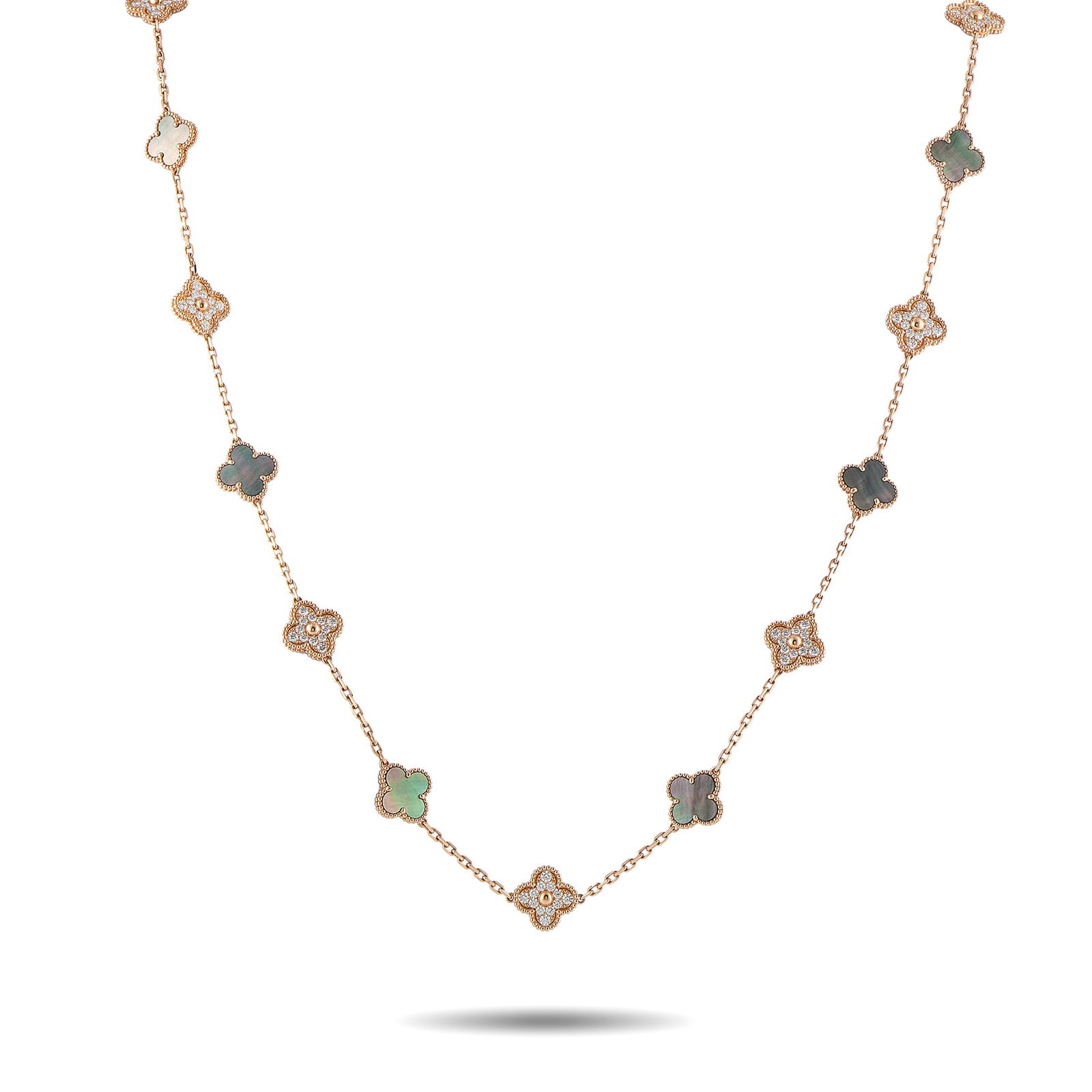 MSRP$74,000 NEW Van Cleef & Arpels Alhambra 18K Rose Gold 4.83ct Diamond & Mother of Pearl 20-Motif: BRAND NEW BOX PAPERS MSRP $74,000This Van Cleef & Arpels Alhambra 20 Motif necklace offers an exquisite combination of colors and textures. The luxury brand’s iconic clover-shaped design is elevated