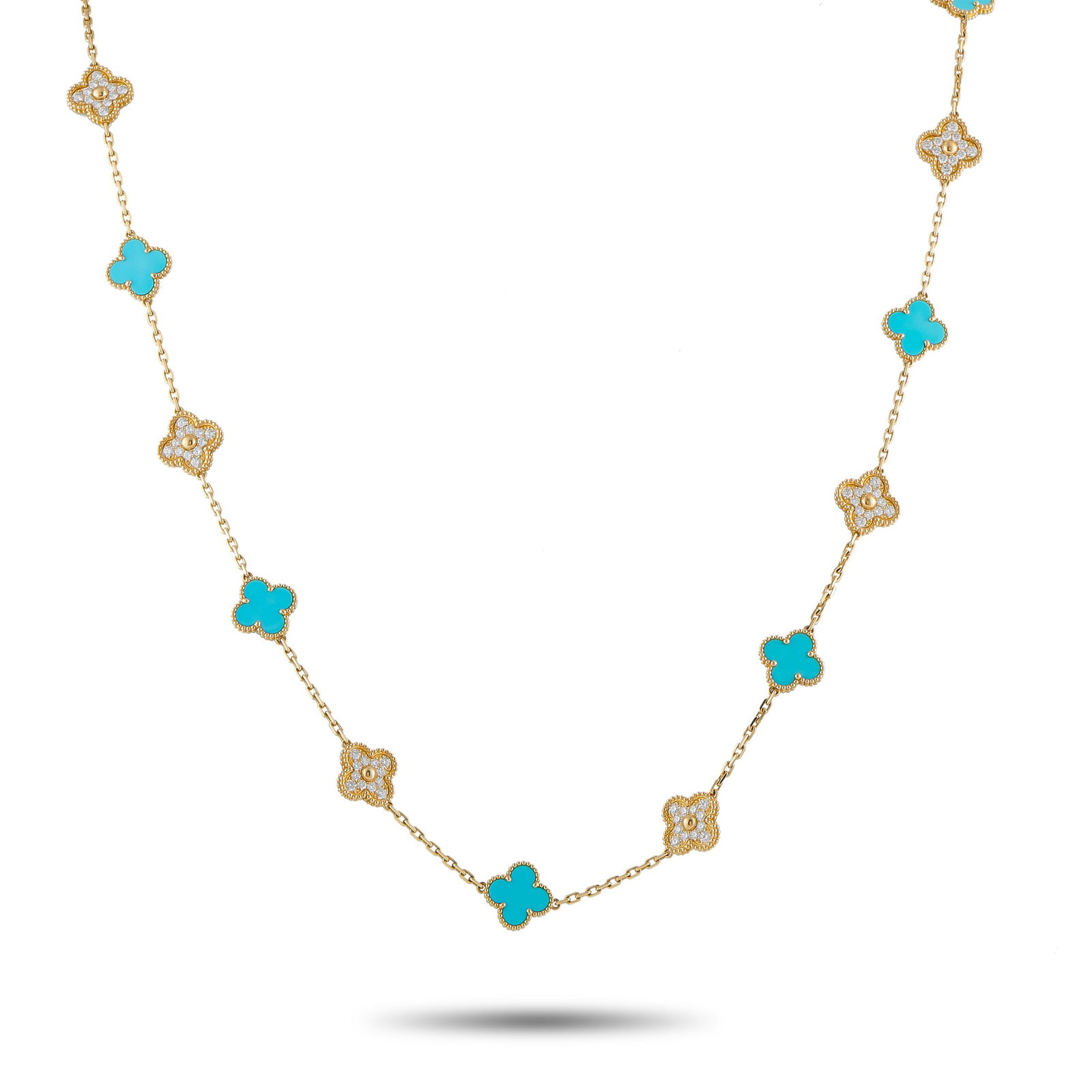 Brand New Van Cleef & Arpels Alhambra 18K Yellow Gold 4.83ct Diamond and Turquoise Necklace: BRAND NEW BOX PAPER This Van Cleef & Arpels Alhambra necklace is meant to make a statement. Turquoise stones make it simply unforgettable, while inset Diamonds totaling 4.83 carats add even more luxur