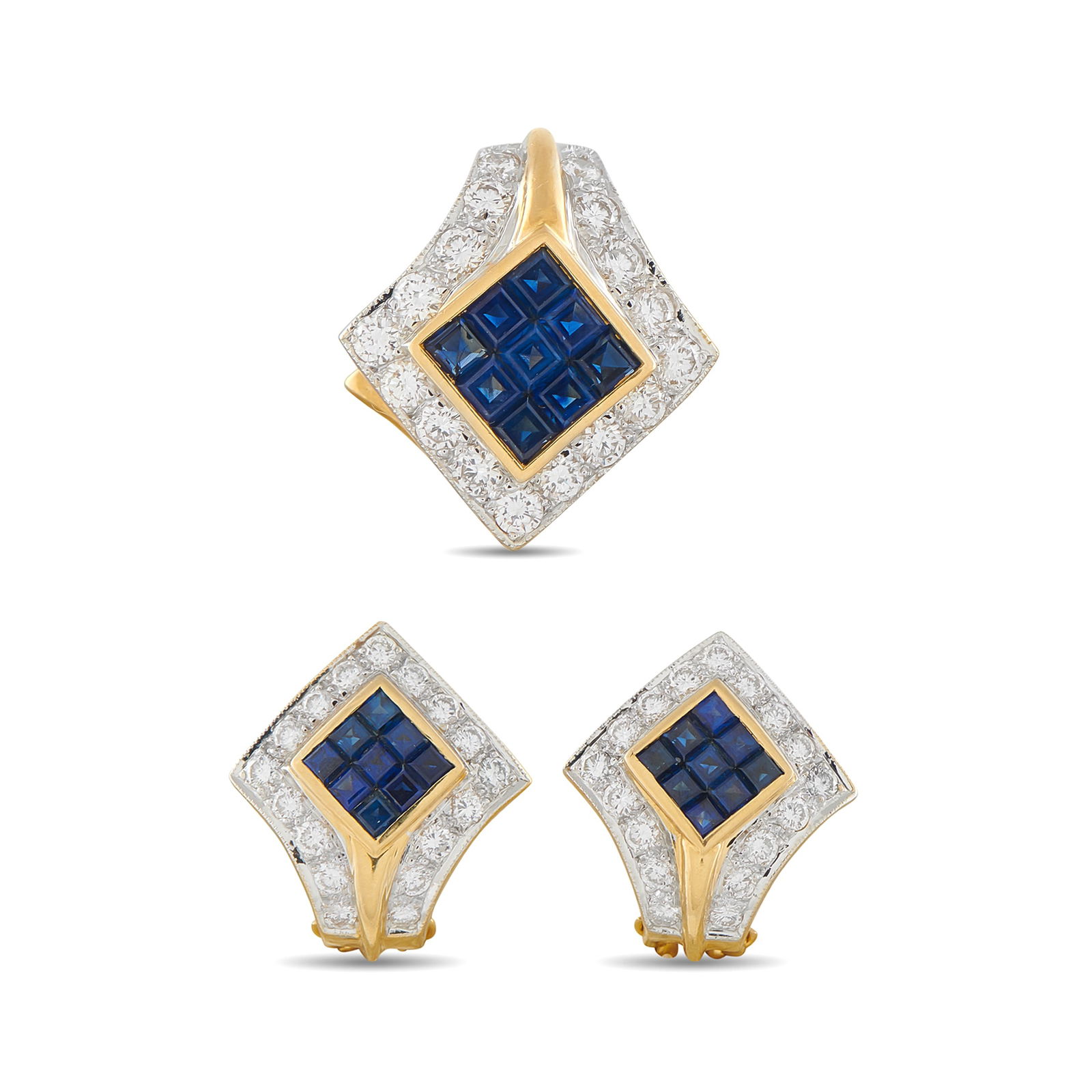 18K Yellow Gold 1.51ct Diamond and Sapphire Earring and Pendant Set: This stylish earring and pendant set allows you to instantly elevate any ensemble. Crafted from 18K Yellow Gold, they come complete with invisible set Sapphires totaling 1.45 carats and Diamonds with