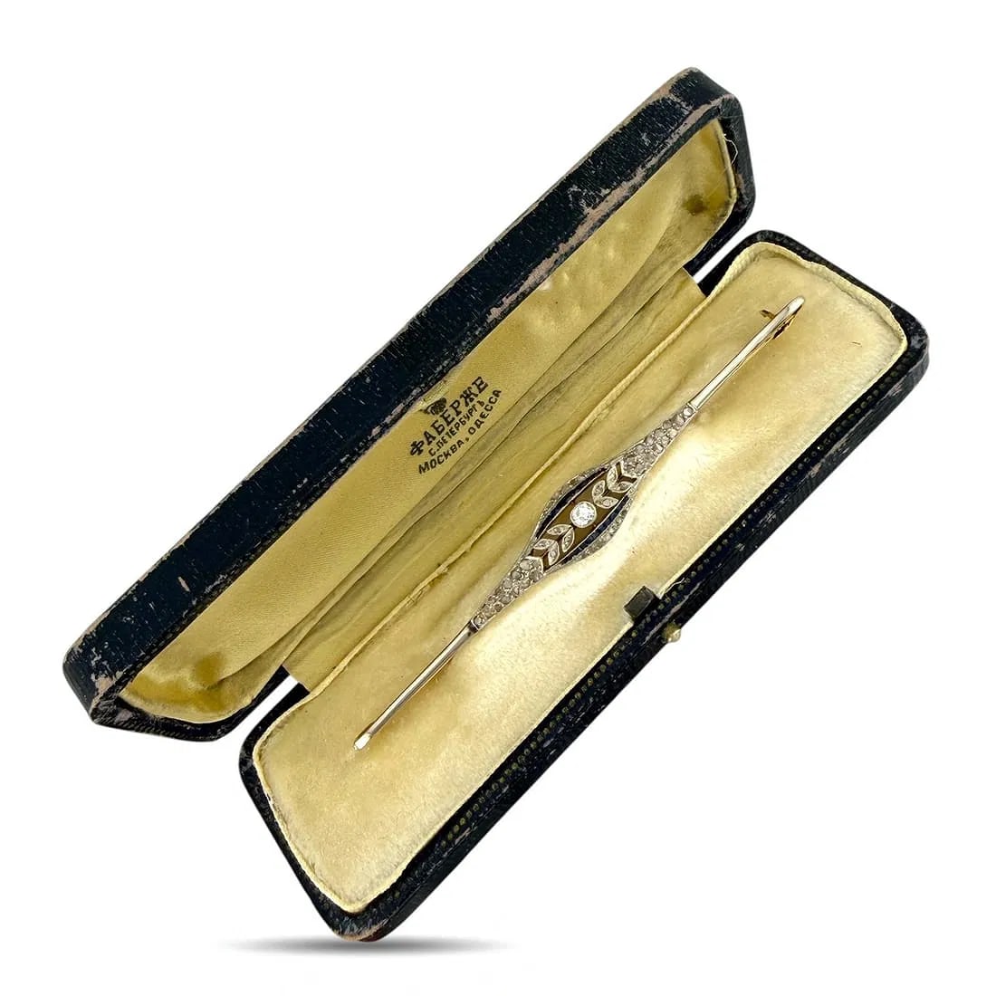 Faberge Art Deco Brooch in Imperial Russian 72 Yellow and Rose Gold with 0.75ct Diamonds and Sapphir: Faberge Art Deco Brooch in Imperial Russian 72 Yellow and Rose Gold with 0.75ct Diamonds and Sapphires A stunning Art Deco-style brooch crafted in a combination of 18K yellow and rose gold, marked 72