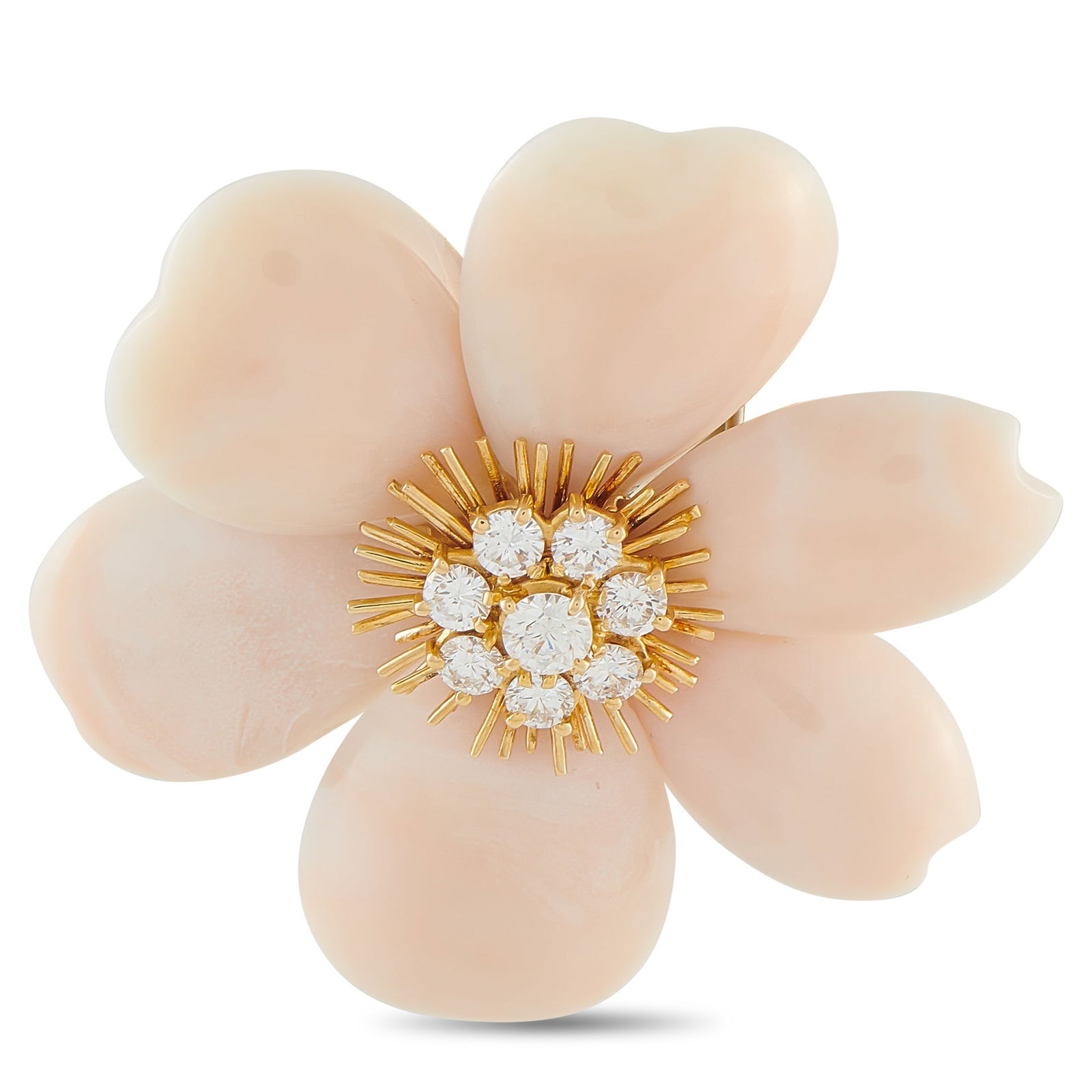 Van Cleef & Arpels Vintage Rose de Noël 18K Yellow Gold 1.54ct Diamond and Coral Brooch: This Van Cleef & Arpels Vintage Rose de Noël brooch is simply chic. Pink Coral petals allow it to add a stylish pop of color to any hat, lapel, or scarf. At the center, Diamonds totaling 1.54 carats