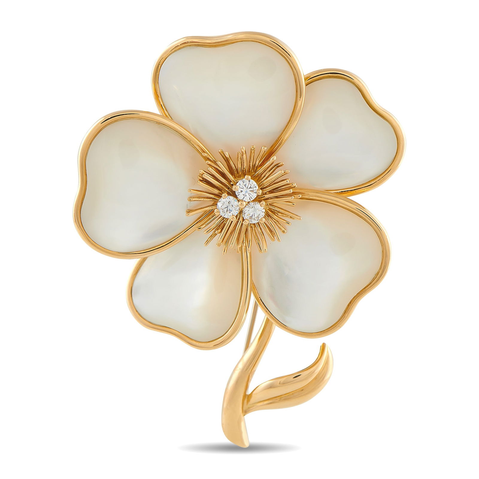 Van Cleef & Arpels Rose de Noël 18K Rose Gold 0.50ct Diamond and Mother of Pearl Brooch: Like all pieces from the historic collection, this Van Cleef & Arpels Rose de Noël brooch resembles a breathtaking Christmas rose. Mother of Pearl petals add depth and dimension to the impeccably cra