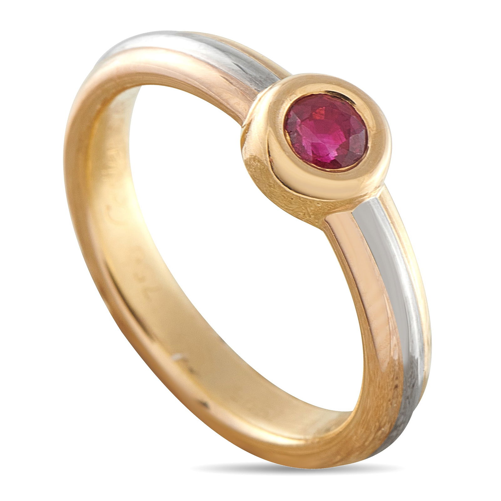 Cartier 18K Rose, Yellow, and White Gold Ruby Ring: Add a subtle pop of color to any ensemble with this Cartier ring. A simple tricolor sets the stage for this sophisticated piece, while a Ruby center stone serves as a stunning focal point. A 3mm wide