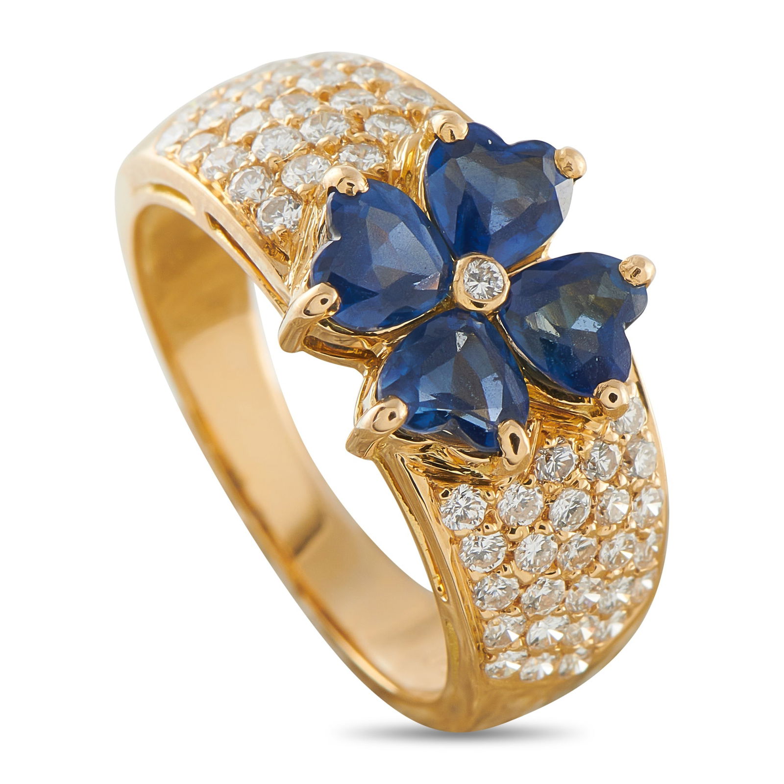 Van Cleef & Arpels Antoinette 18K Yellow Gold 0.55ct Diamond and Sapphire Ring: This Van Cleef & Arpels Antoinette ring features the brand’s iconic clover motif. Heart-shaped Sapphires totaling 2.0 carats make a statement at the center of the design, while sparkling Diamonds to