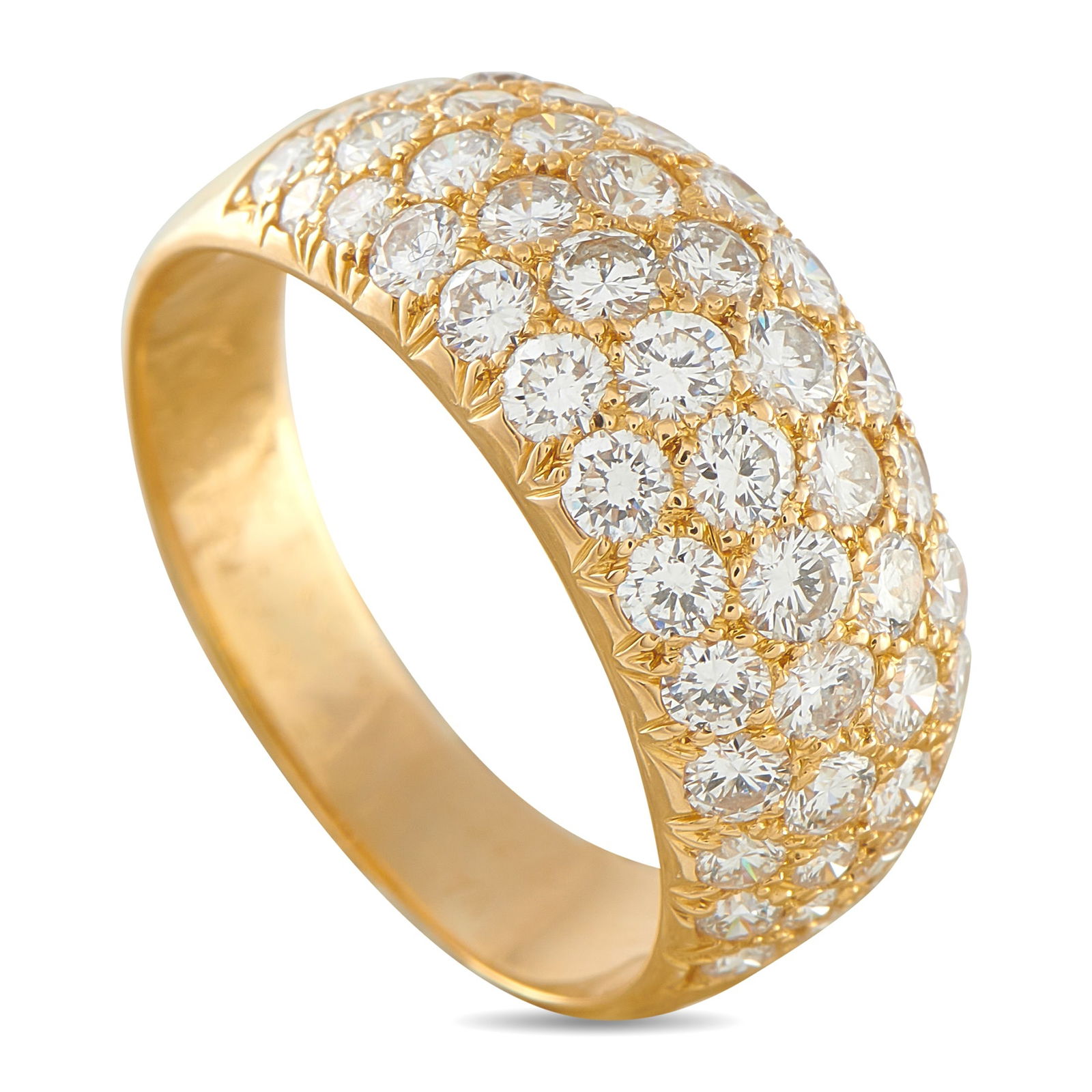Van Cleef & Arpels 18K Yellow Gold 1.29ct Diamond Ring: Diamonds with a total weight of 1.29 carats cover the top of this sophisticated Van Cleef & Arpels ring. Set in 18K Yellow Gold, the domed design makes it an instant classic. It features a 4mm wide ba