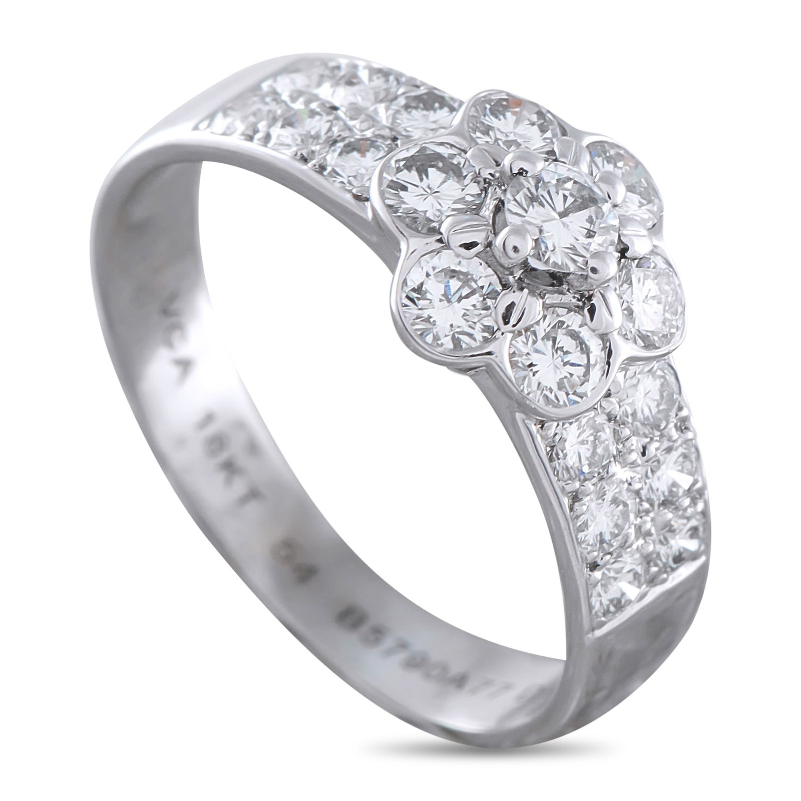 Van Cleef & Arpels 18K White Gold 1.0ct Diamond Ring: This Van Cleef & Arpels ring offers unparalleled charm. Set in 18K White Gold, Diamonds with a total weight of 1.0 carats elevate the central floral motif and extend onto the band. A 3mm wide band and