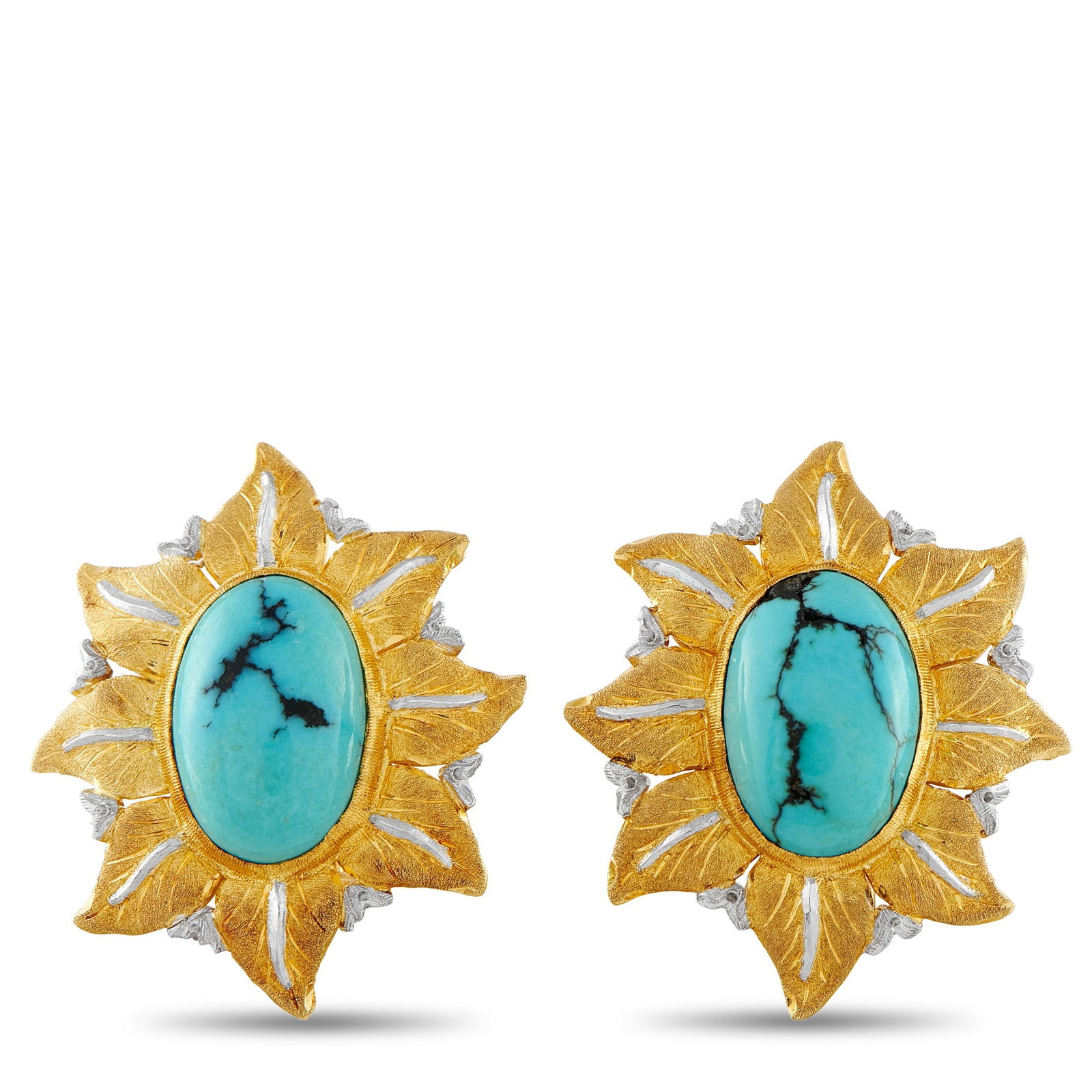 Buccellati18K Yellow Gold Turquoise Earrings: These Gianmaria Buccellati earrings will add texture and dimension to any ensemble. The stunning Turquoise center stones offer a unique pop of color. Crafted from 18K Yellow Gold, each earring measure