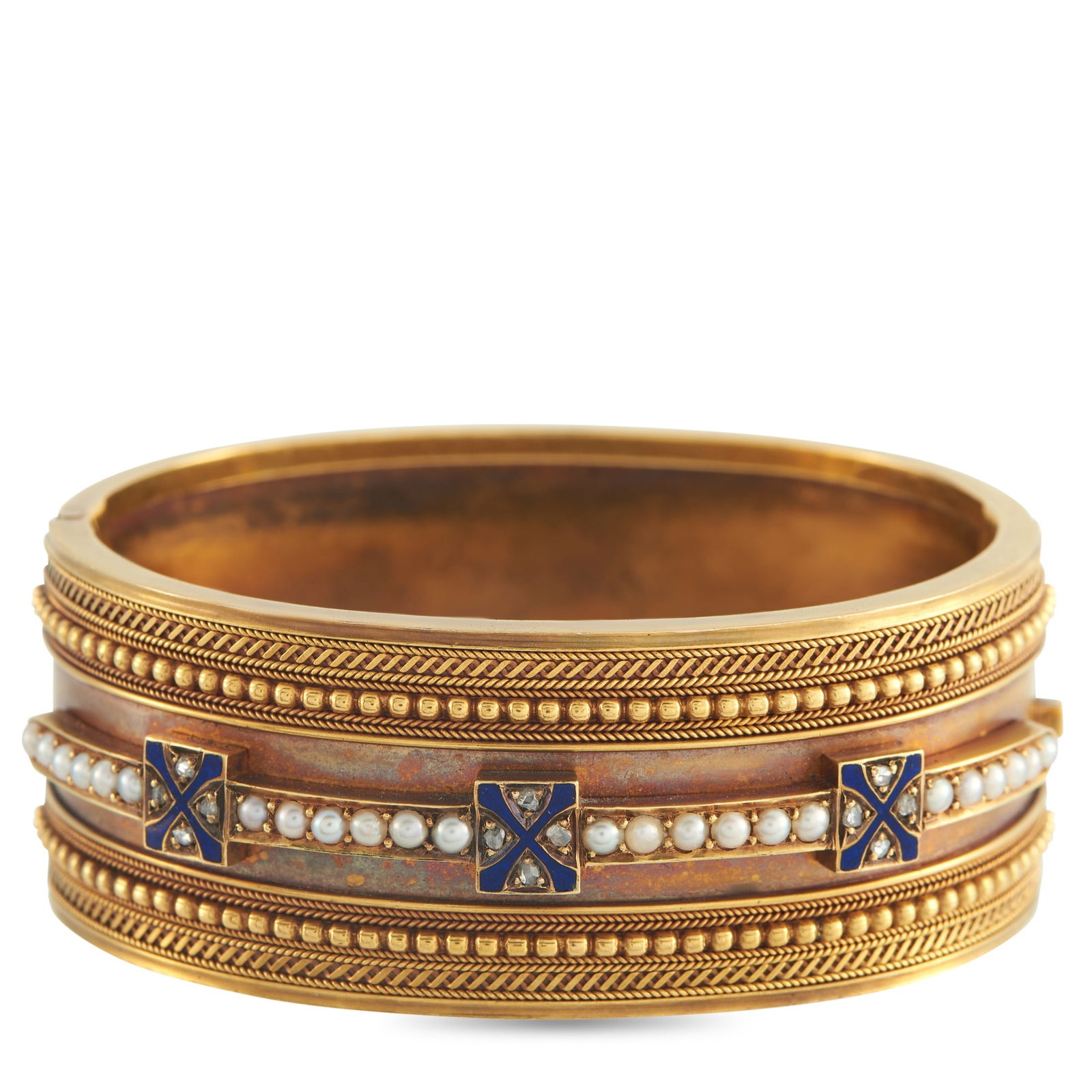 Exclusive Antique 14K and 22K Yellow Gold Pearl and Enamel Bracelet: With the weight of a different era, this yellow gold bangle bracelet brings history into your daily stack. The wide band mixes 14K and 22K yellow gold for a rich, warm tone. A centered row of natural