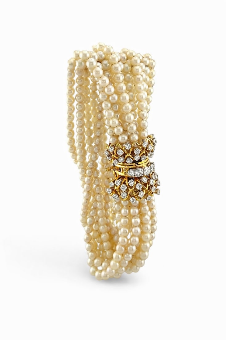 18 kt. Antique 18K Yellow Gold Multi-Strand Pearl and 4.30ct Diamond Bracelet, Yellow gold - (1 of 10)