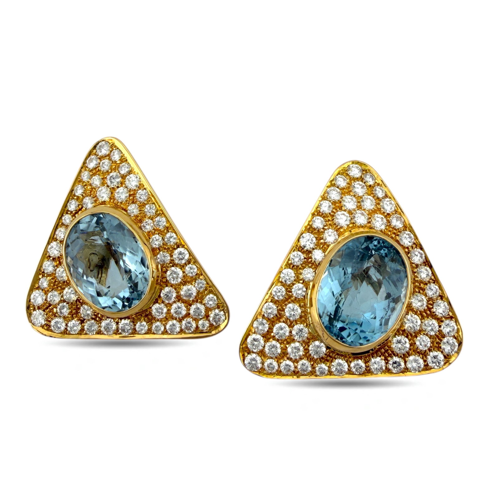 Earrings - 14 kt. Yellow gold, Exclusive AGI Certified 14K Yellow Gold 18.0ct Aquamarine and 7.80ct: Exclusive AGI Certified 14K Yellow Gold 18.0ct Aquamarine and 7.80ct Diamond Triangle EarringsA striking geometric silhouette defines these exceptional earrings, centered with vivid natural aquamarine