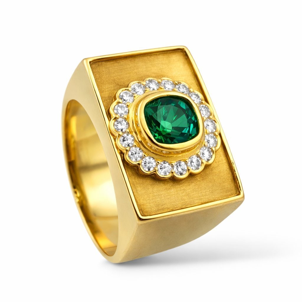 18 kt. Yellow gold, Le Vian 18k Gold Emerald and Diamond Ring Diamond (Natural): Le Vian 18k Gold Women's Large Emerald Surrounded by Diamonds Emerald: 5.8mm x 5.0mm, Approx 1.0Ct Diamonds: 18 Diamonds, Each 1.70mm Diamonds, Total 0.36 Diamond Carat Weight Weight: 14.4 GramsSize:
