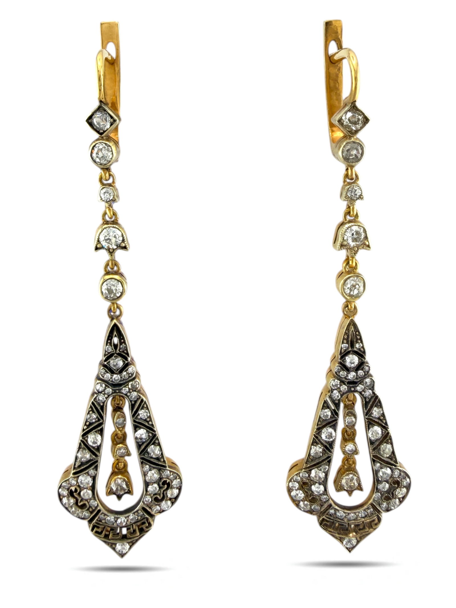 14 kt. Yellow gold, Antique Russian 56k Gold & Diamond Enamel Earrings 2.10 Carats Circa 1900s -: Antique Imperial Russian 56k Gold & Diamond Enamel Earrings 2.10 Carats Circa 1900sMaterial: Gold 56k assay value / 14k Gold Region: Imperial RussiaMarked: 56k Gold and Work Master Initials FR for Fre