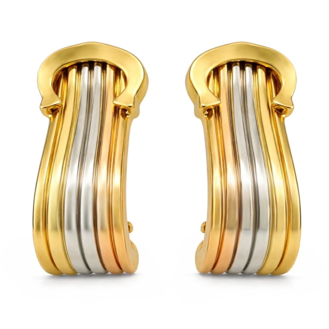 Cartier - 18 kt. Yellow gold, Cartier Trinity 18K Rose, White and Yellow Gold Clip-On Earrings, Rose: Cartier Trinity 18K Rose, White and Yellow Gold Clip-On EarringsAn understated design makes these Cartier Trinity earrings the perfect way to add a touch of luxury to any ensemble. Crafted from 18K Ro