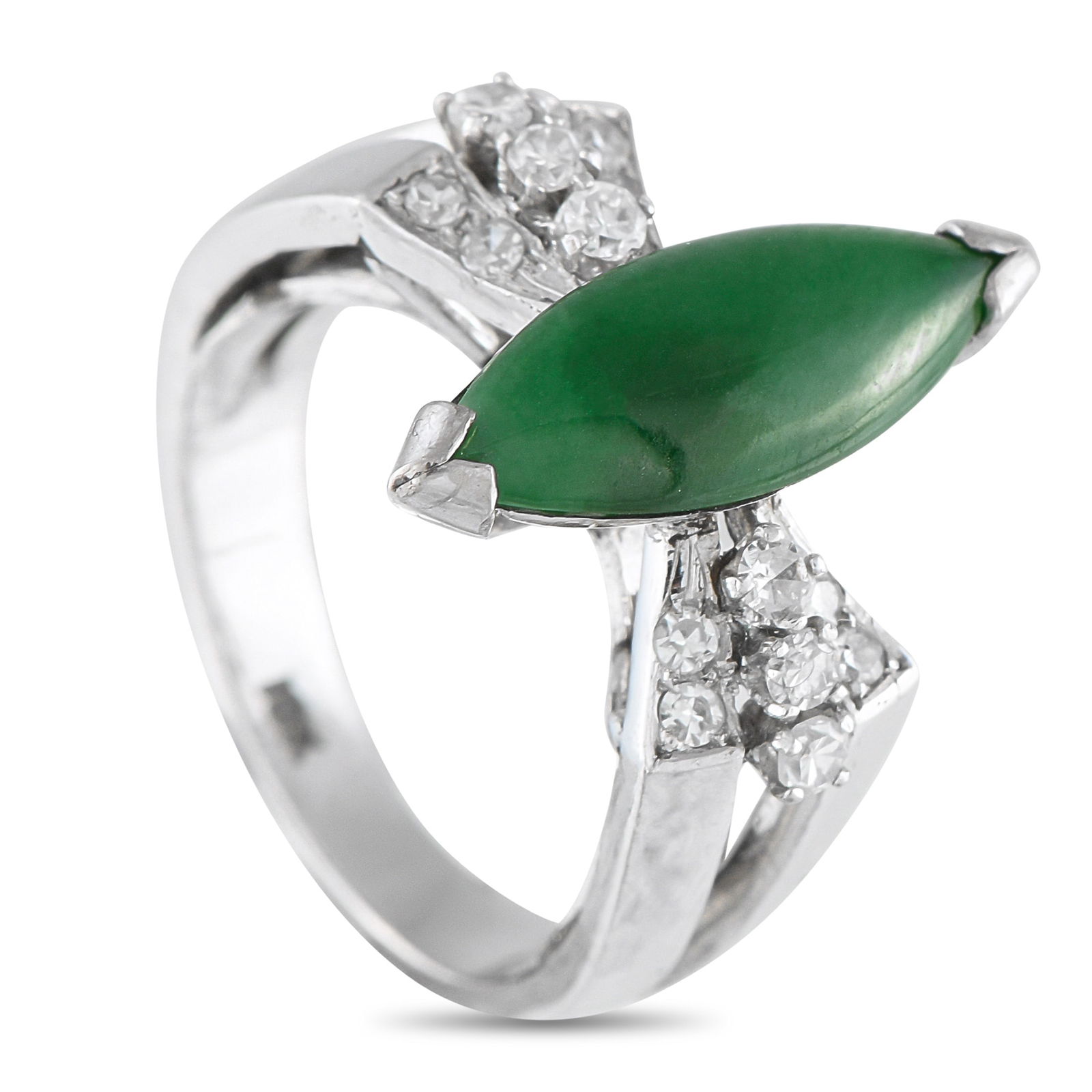 18K White Gold 0.26ct Diamond and Jade Ring: A captivating Jade center stone serves as a stunning focal point on this unique, exquisite ring. Set in 18K White Gold, Diamonds with a total weight of 0.26 carats add a touch of sparkle to the sides