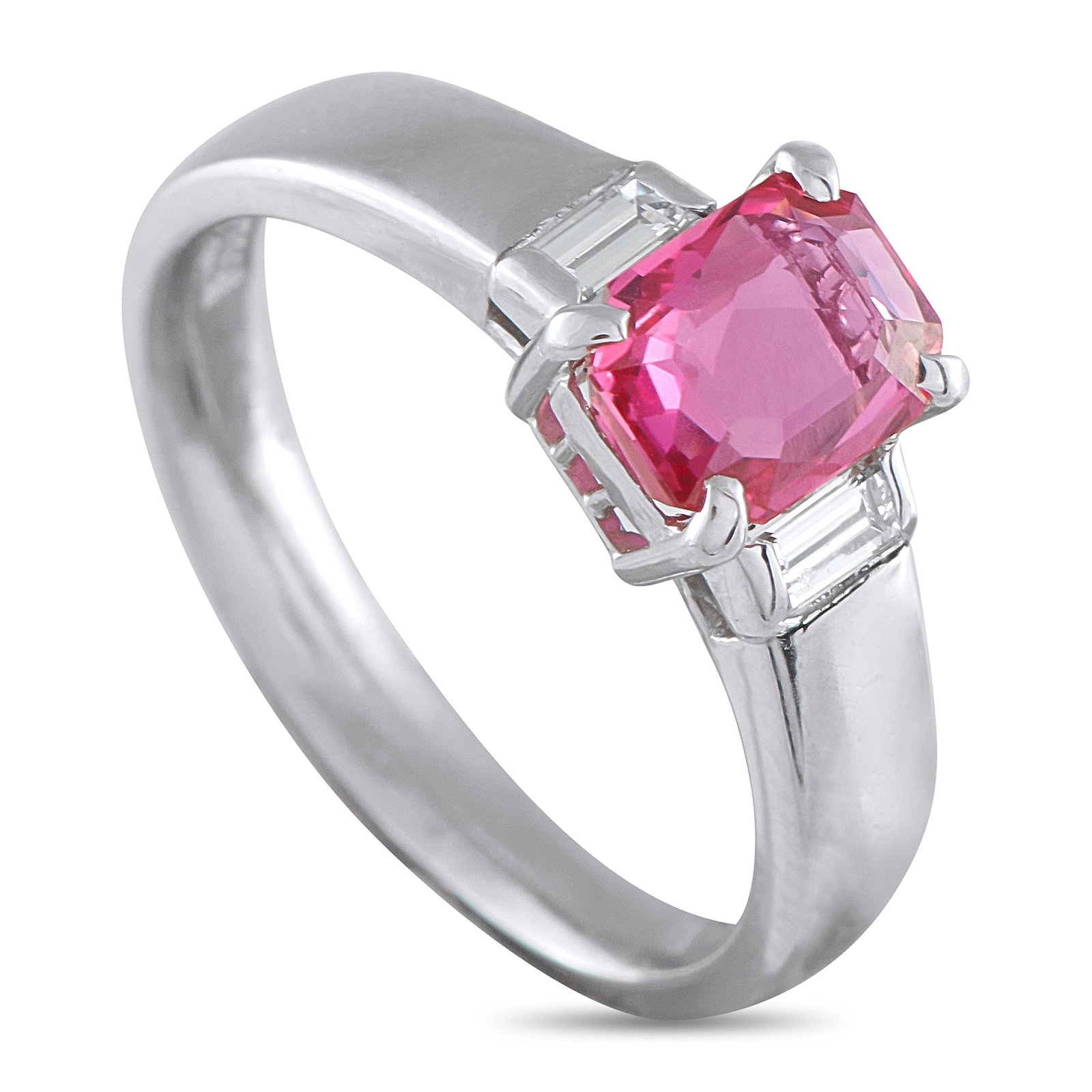 Platinum 0.17ct Diamond and Ruby Three-Stone Ring: Clean lines define the elegant look of this three-stone platinum ring. It features a 1.45-carat radiant-cut ruby secured by four corner prongs for both protection and symmetry. The ruby’s rectangula