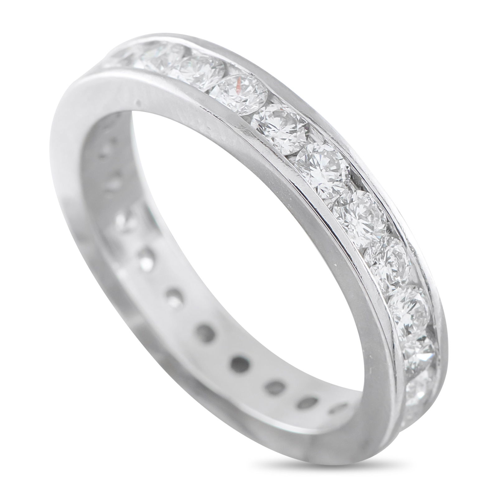 Platinum 1.50ct Diamond Eternity Band: Channel-set Diamonds with a total weight of 1.50 carats encircle the entirety of this eternity band. Set in Platinum, this radiant ring measures 4mm wide and features a 3mm top height – allowing it