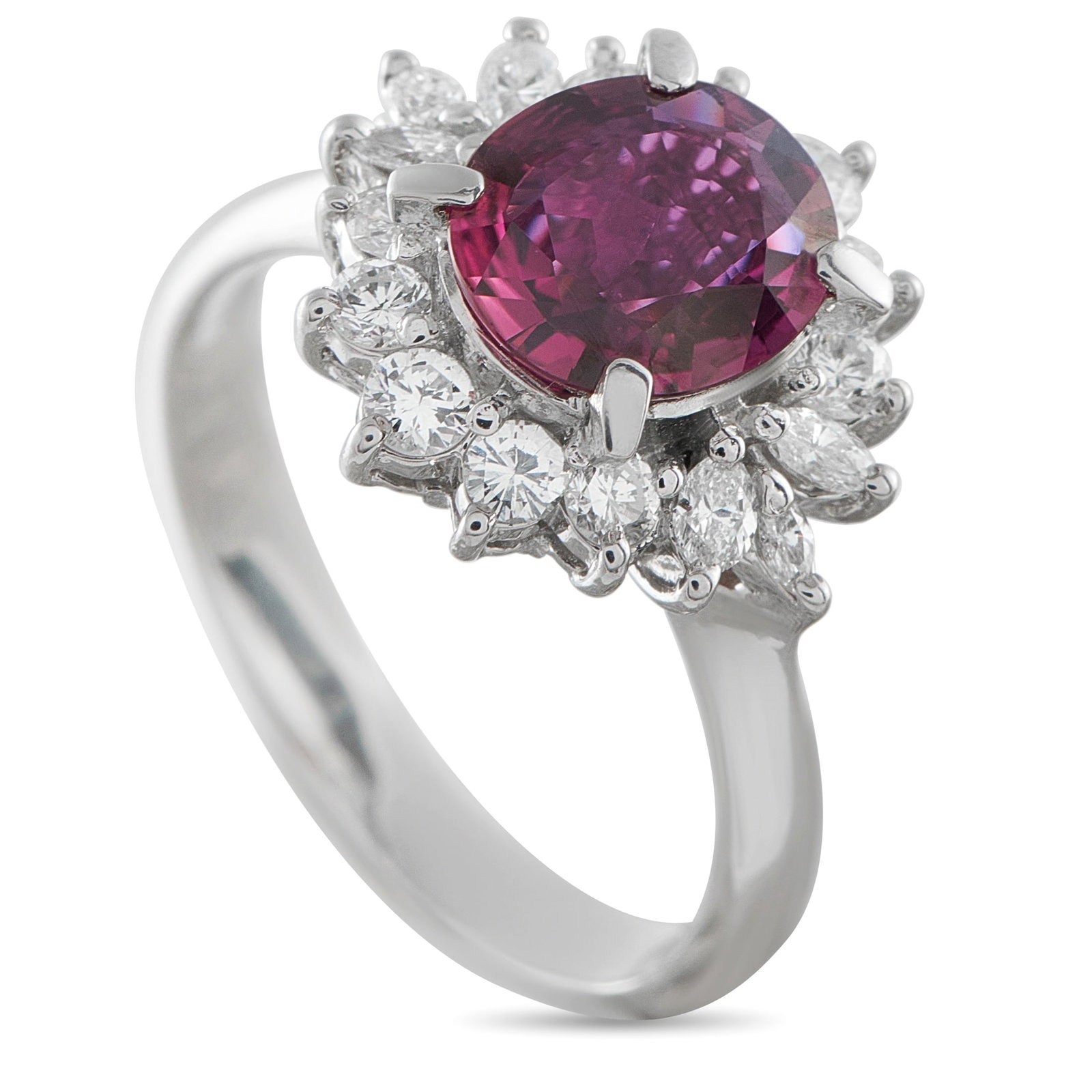 Platinum 0.63ct Diamond and Ruby Ring: A deep-hued 1.53 carat Ruby center stone makes this luxury ring impossible to ignore. Chic and incredibly sophisticated, a halo of Diamonds totaling 0.63 carats puts the perfect finishing touch on thi