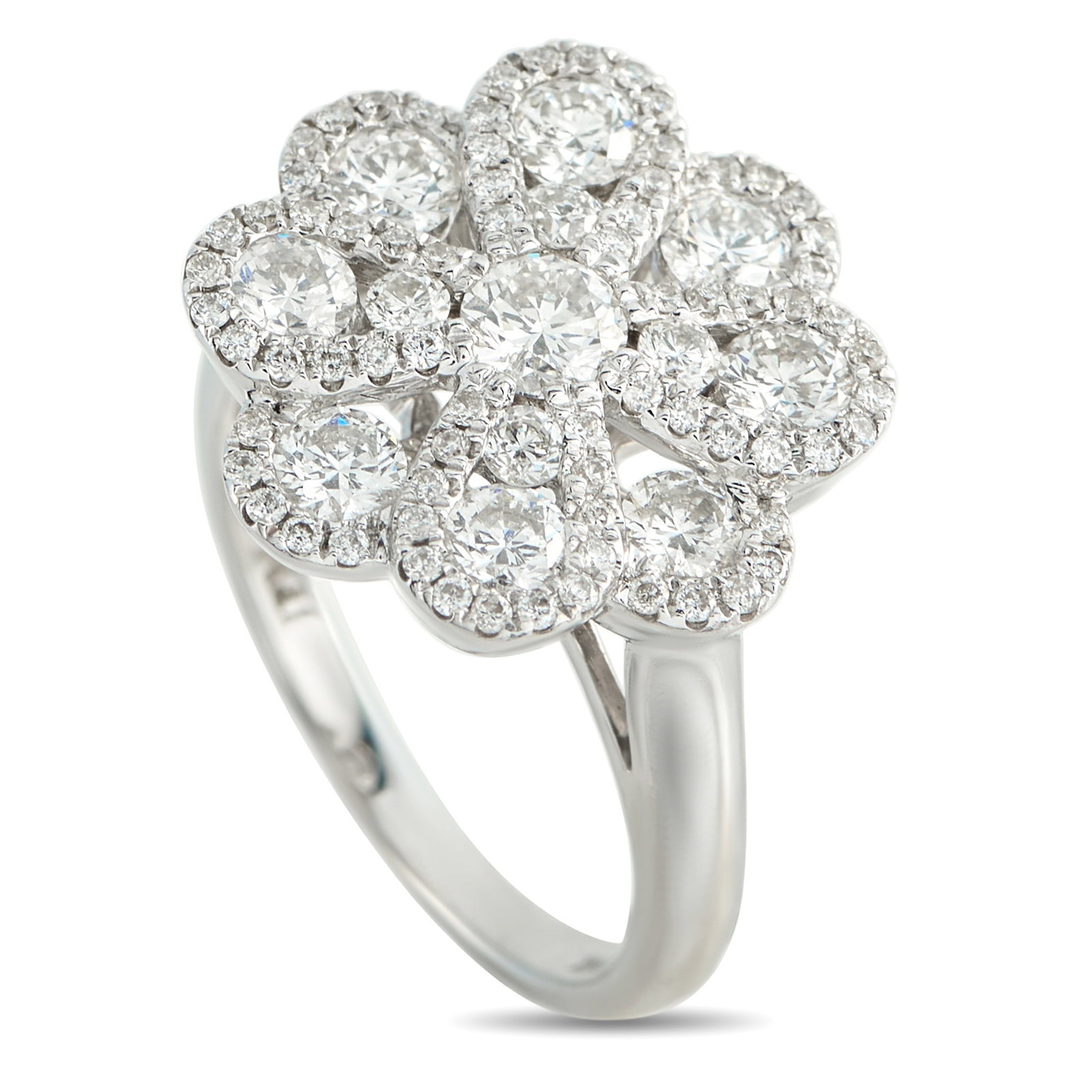 14K White Gold 1.89ct Diamond Ring: This ring features a floral centerpiece built in layers. Starting from a slender 2mm white gold band, a round center diamond is framed by four petals, each set with two round diamonds of differing