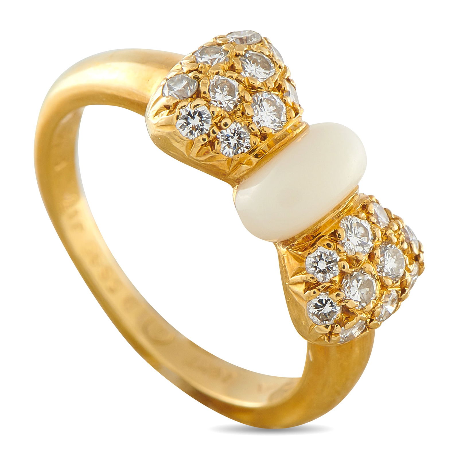 Van Cleef & Arpels Papillon 18K Yellow Gold 0.39ct Diamond and Coral Bow Ring: Add a touch of charm to any ensemble with this exquisite Van Cleef & Arpels Papillon ring. Set in 18K Yellow Gold, a Coral accent at the center and sparkling Diamonds totaling 0.39 carats come togethe