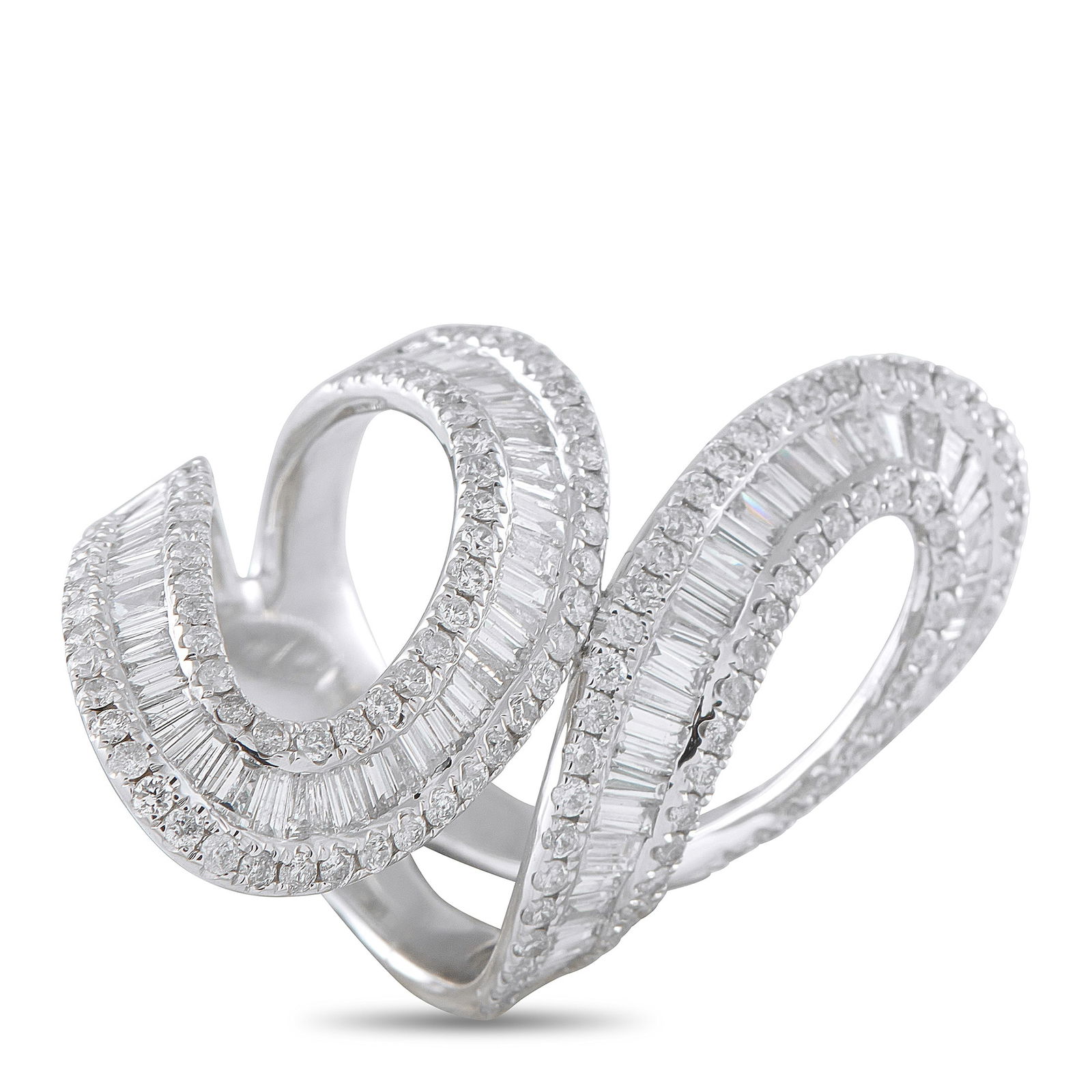 14K White Gold 4.0ct Diamond Ring: Curved lines give this luxury ring an undeniable sense of fluidity. Incredibly chic, Diamonds with a total weight of 4.0 carats ensure it will effortlessly catch the light every time it’s worn. Set