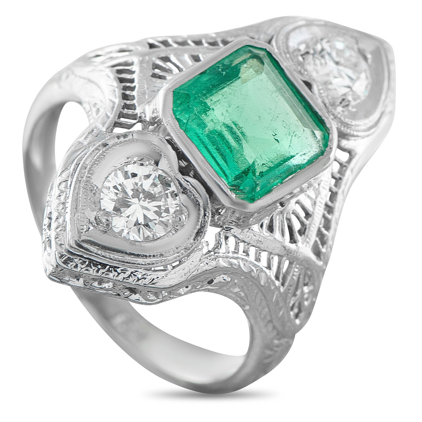 18K White Gold 0.46ct Diamond and Emerald Ring: This luxury ring exudes Art Deco elegance. Sparkling Diamonds with a total weight of 0.46 carats accent the intricate 18K White Gold setting. At the center, a 1.45 carat Emerald adds a stylish pop of