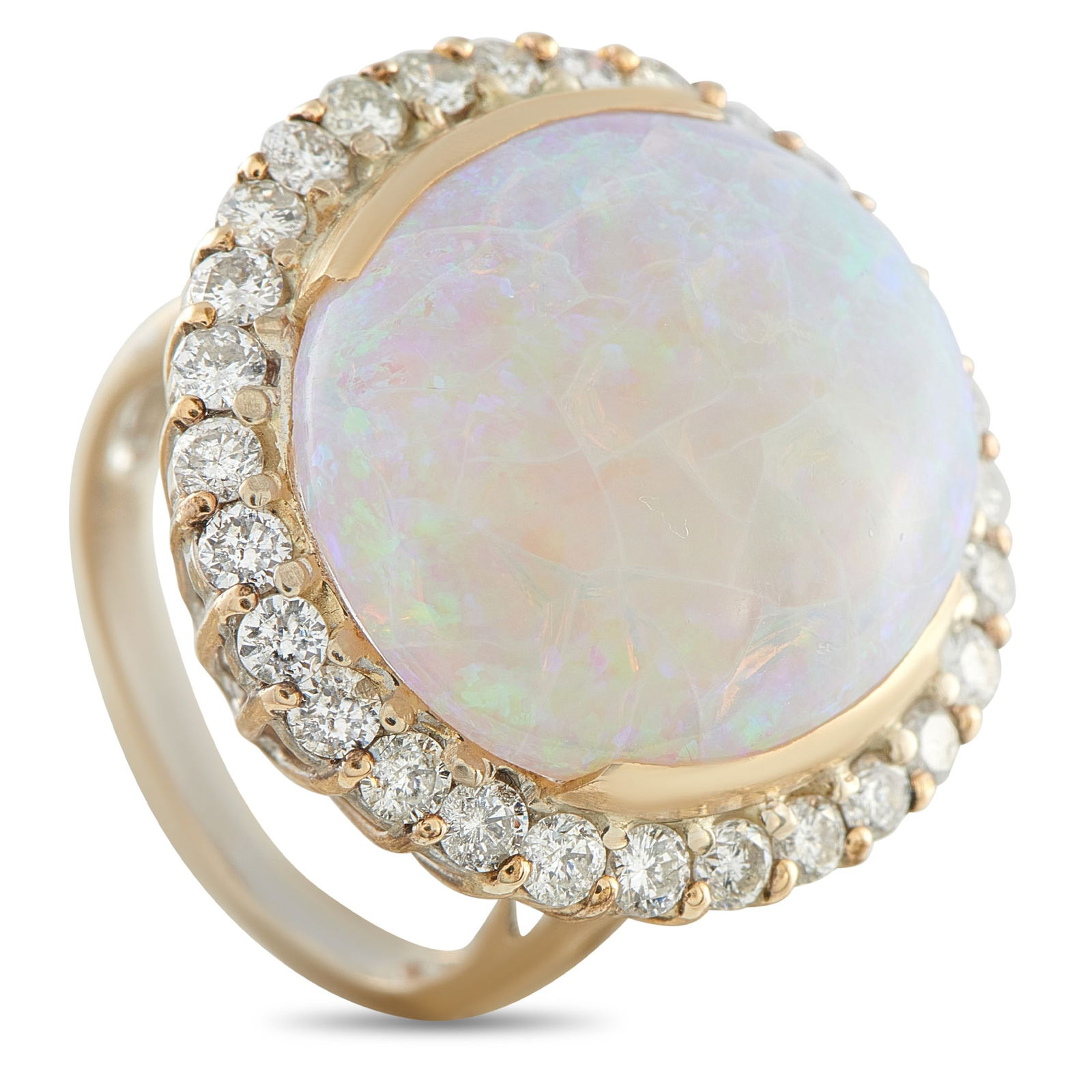 14K Yellow Gold 1.80ct Diamond and Opal Ring: This luxury ring will instantly capture your imagination. At the center, a fiery 17.50 carat Opal provides this piece with a luminous quality that will continually captivate. Diamonds with a total