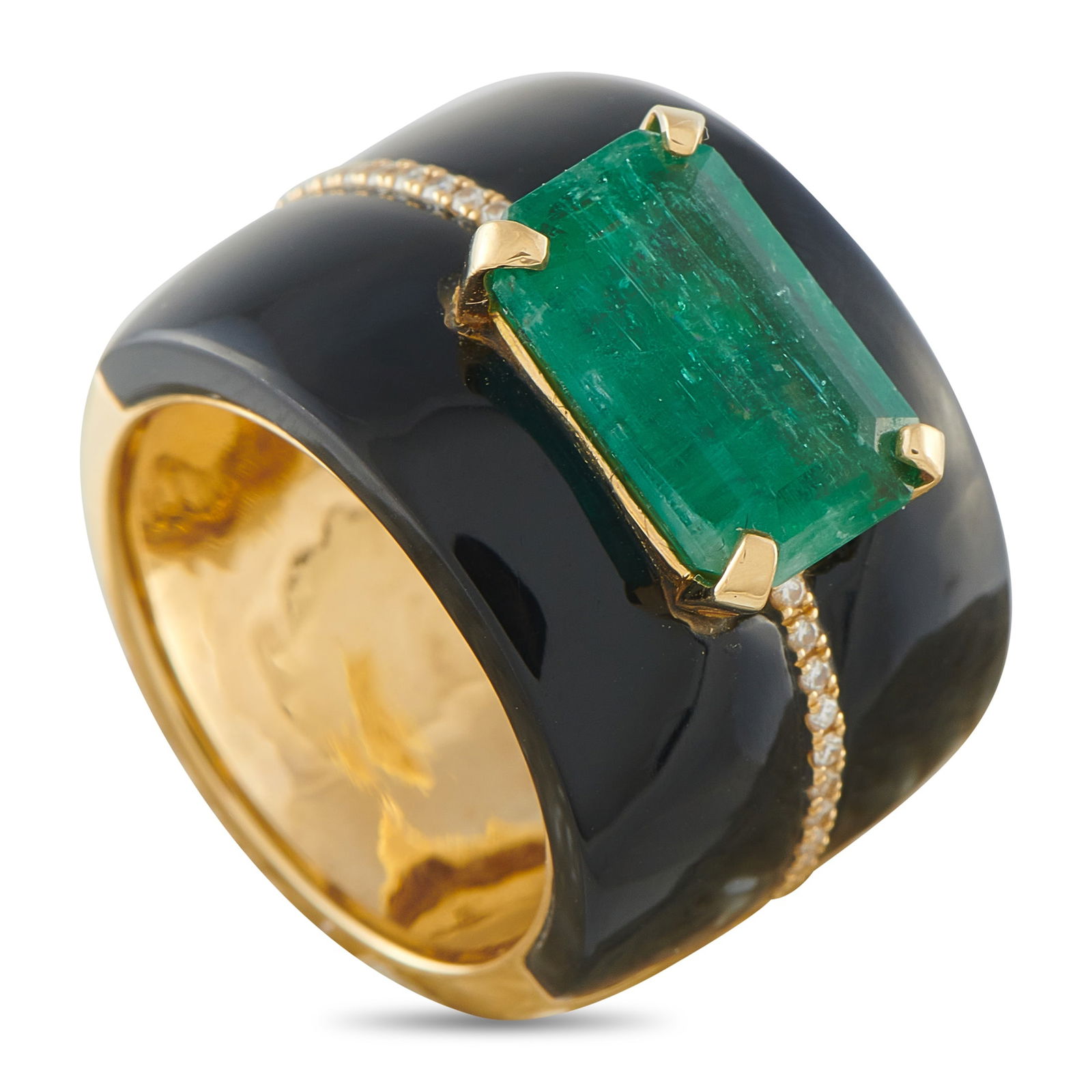 18K Yellow Gold 0.10ct Diamond and Emerald Ring: This luxury ring is bold, impressive, and impossible to ignore. Striking black accents highlight the series of sparkling Diamonds totaling 0.10 carats. At the center, a 4.62 carat Emerald center
