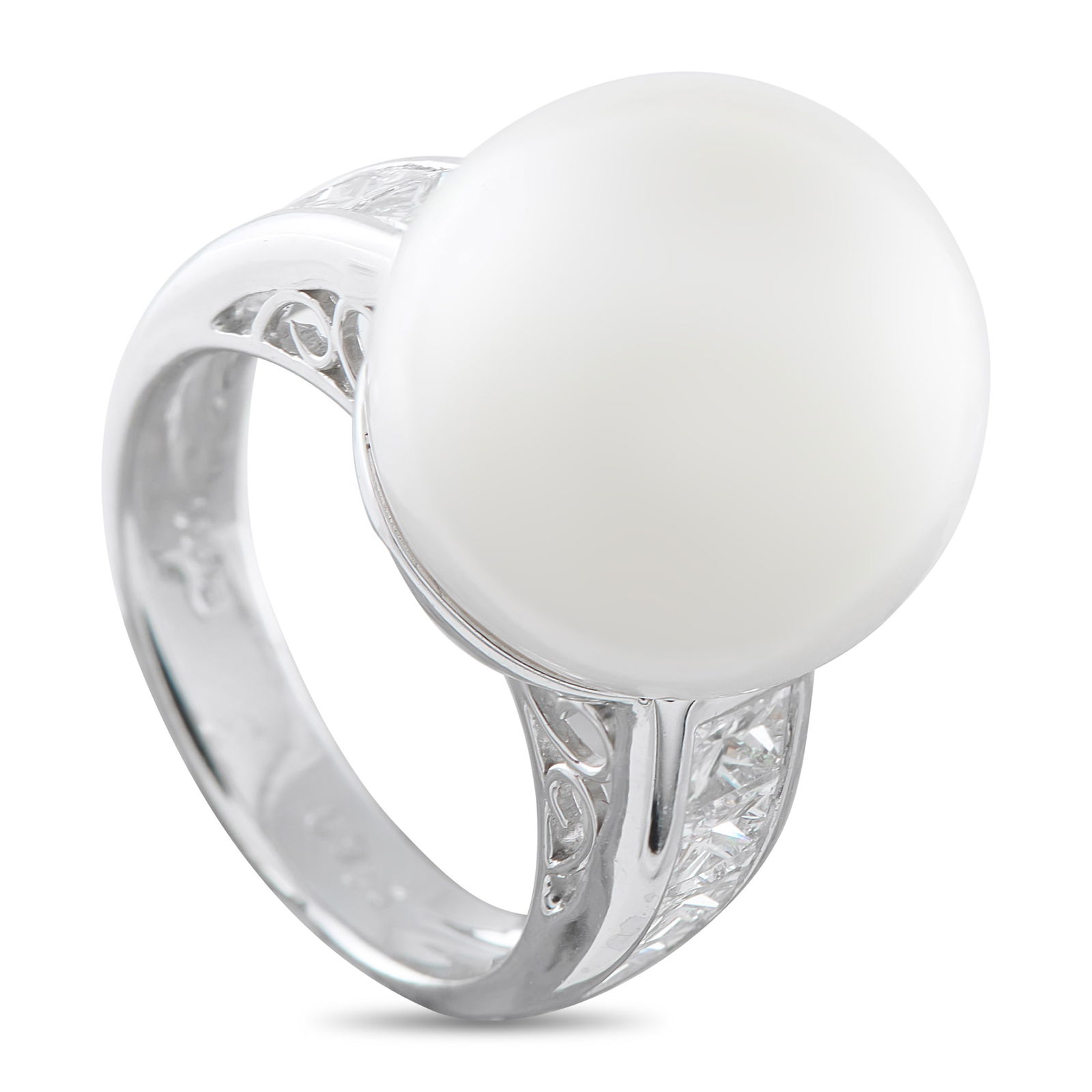Platinum 1.69ct Diamond and Pearl Ring: A 15.5mm Pearl offers a stunning alternative to a traditional center stone on this impressive luxury ring. Inset Diamonds totaling 1.69 carats allow it to sparkle and shine every time it catches the