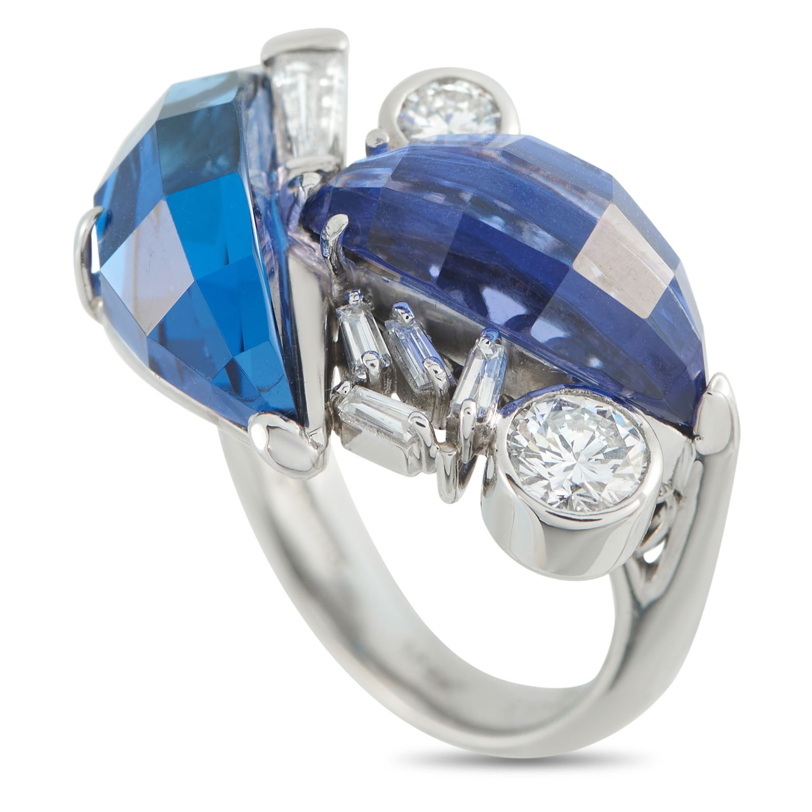Platinum 0.65ct Diamond and Tanzanite Ring: A little something for your “more is more” days. This platinum ring features 8.50 carats of tanzanite in a unique domed faceted finish. An unconventional path of diamonds, with a mix of baguet