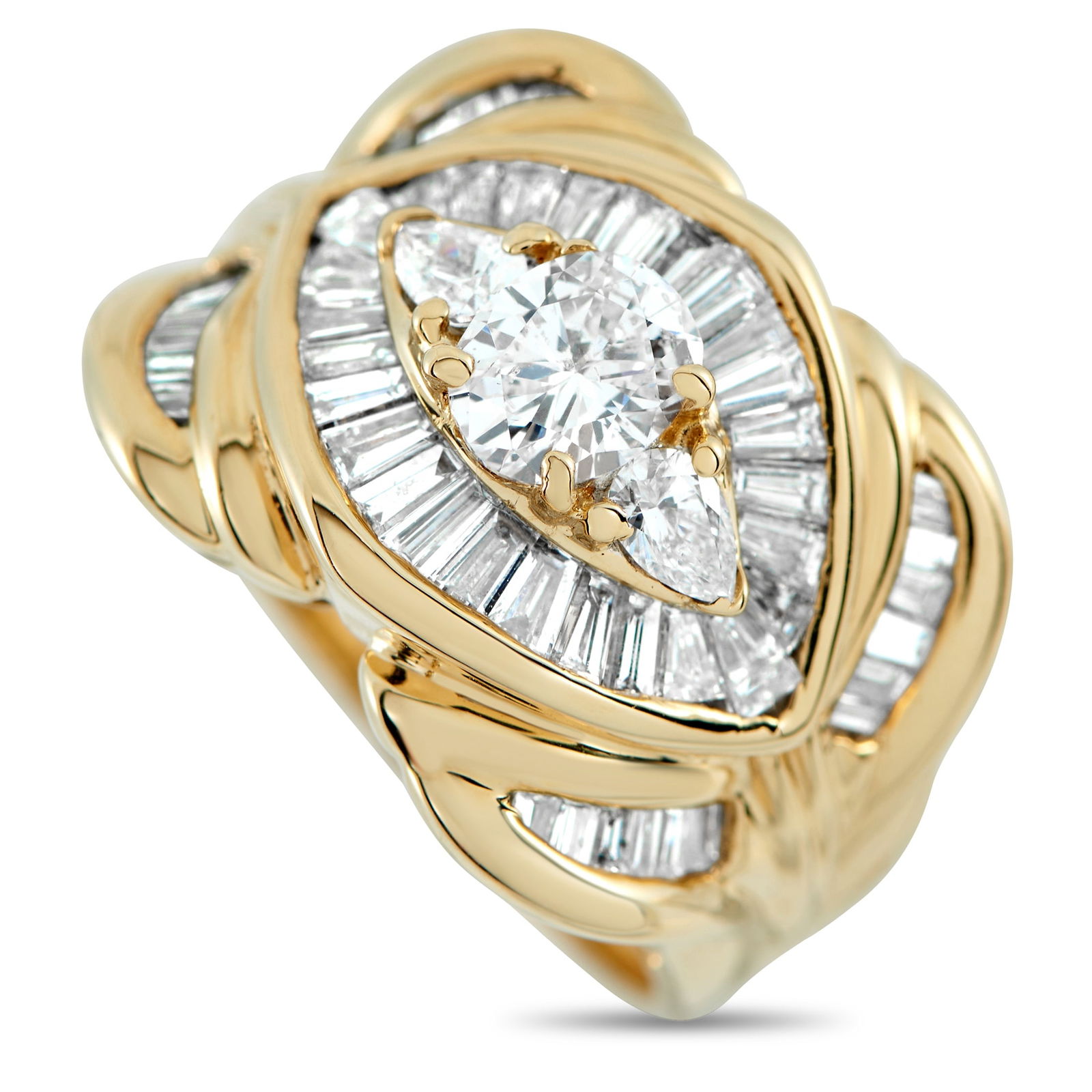 18K Yellow Gold 2.19ct Diamond Ring: Bold and eye-catching, this ring with a tiered structure centers on a striking marquise design built from precision and light. At its center are 0.61 carats of diamonds, featuring one round framed
