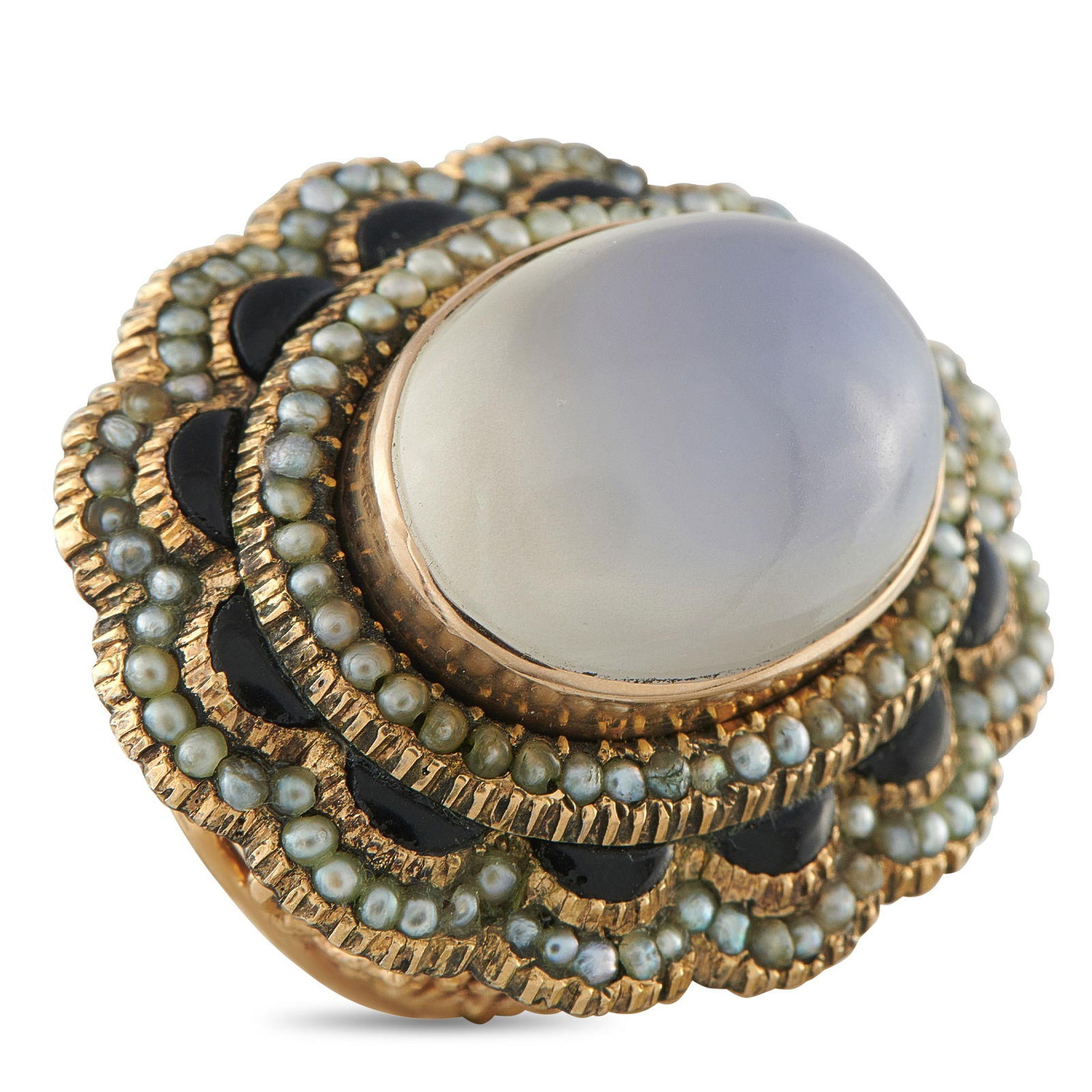 Antique 14K Yellow Gold Moonstone, Seed Pearl, and Onyx Ring: This antique ring pairs delicate metalwork with bold, opulent design elements. The breathtaking Moonstone center stone is surrounded by Onyx and Seed Pearl accents in an exquisite, scalloped arrangeme