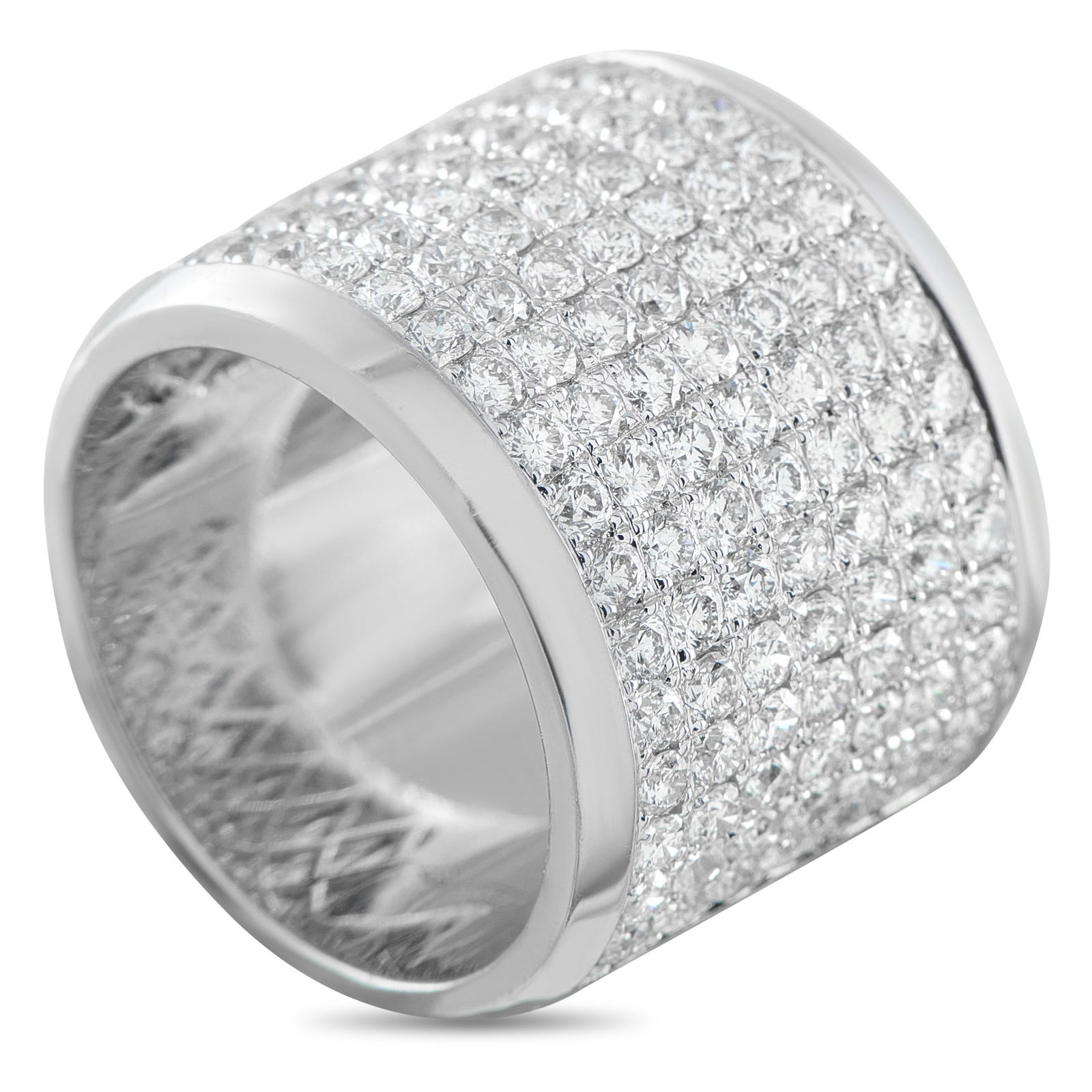 18K White Gold 2.38ct Diamond Wide Band: Pave Diamonds with a total weight of 2.38 carats make this luxury ring impossible to ignore. Crafted from 18K White Gold, it measures 17mm wide and features a 2mm top height. Ring Size - Size6.5 Metal