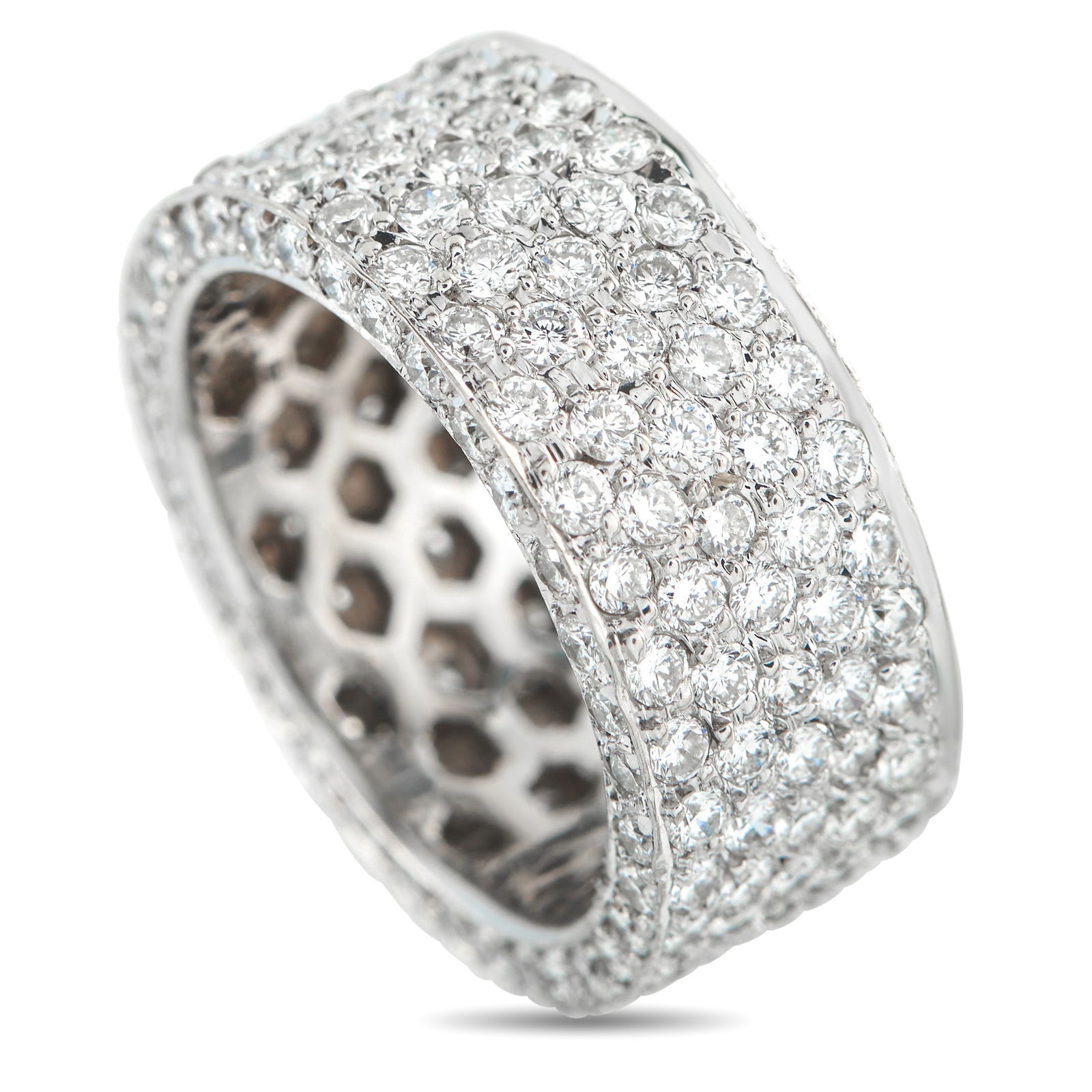 18K White Gold 4.50ct Diamond Pave Wide Band: Set with 4.50 carats of pavé diamonds, the wide 10mm white gold band delivers full-circle brilliance with no breaks in surface or light. Each diamond is tightly placed for a clean, uniform finish.
