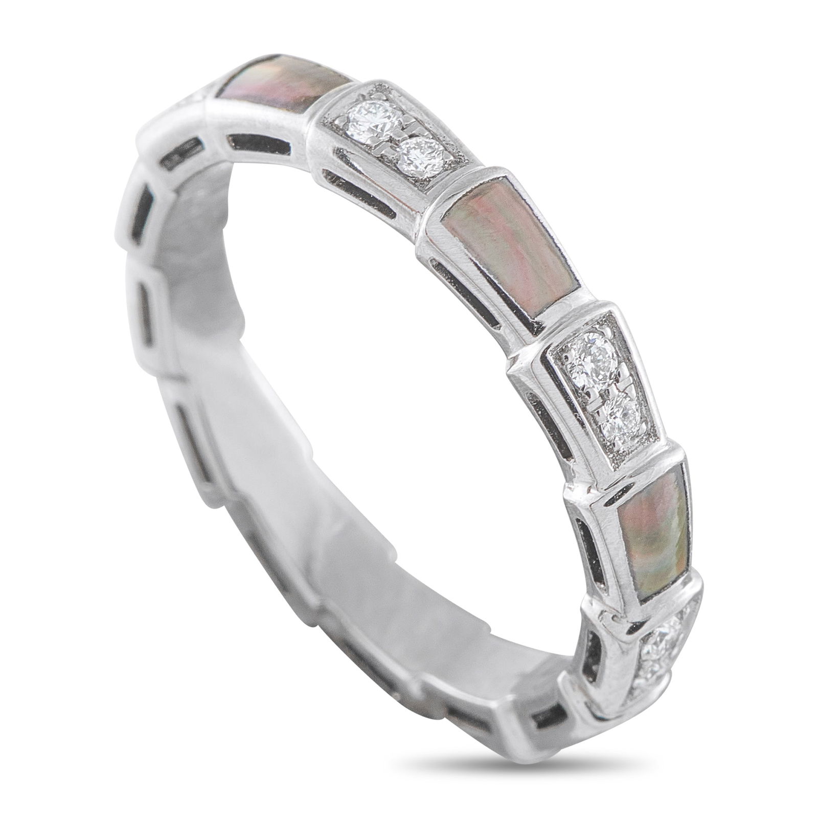 Serpenti 18K White Gold 0.41ct Diamond and Mother of Pearl Ring: This Bvlgari Serpenti ring exudes understated elegance. The subtle 18K White Gold setting comes to life thanks to opulent Mother of Pearl accents and inset Diamonds with a total weight of 0.41