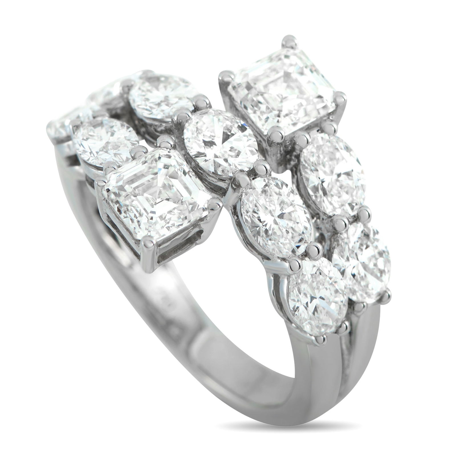 18K White Gold 3.75ct Diamond Ring: A unique 18K White Gold setting makes this ring impossible to ignore. The dynamic wrapped design is highlighted by sparkling Ascher cut Diamonds totaling 1.50 carats and additional Diamonds with a