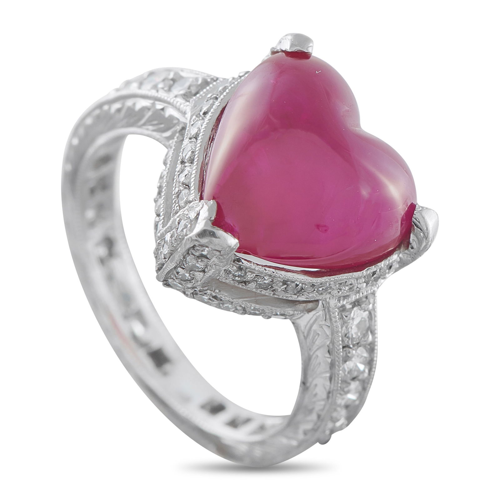Platinum 1.20ct Diamond and Ruby Heart Ring: This luxury ring will be cherished for a lifetime. A heart-shaped 7.80 carat Burma ruby at the center makes this the perfect gift for anyone who has captured your heart. The center stone is