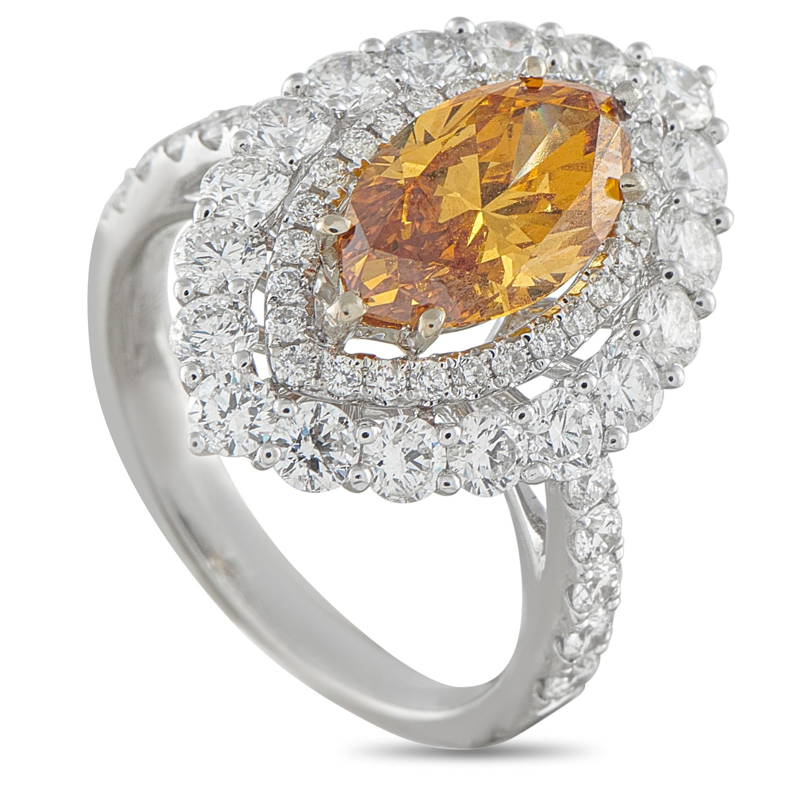 18K White Gold 4.97ct Diamond Ring: This dazzling ring will instantly add a pop of color to any ensemble. At the center, a 2.17 carat marquise cut colored Diamond serves as a breathtaking focal point. Diamonds with a total weight of