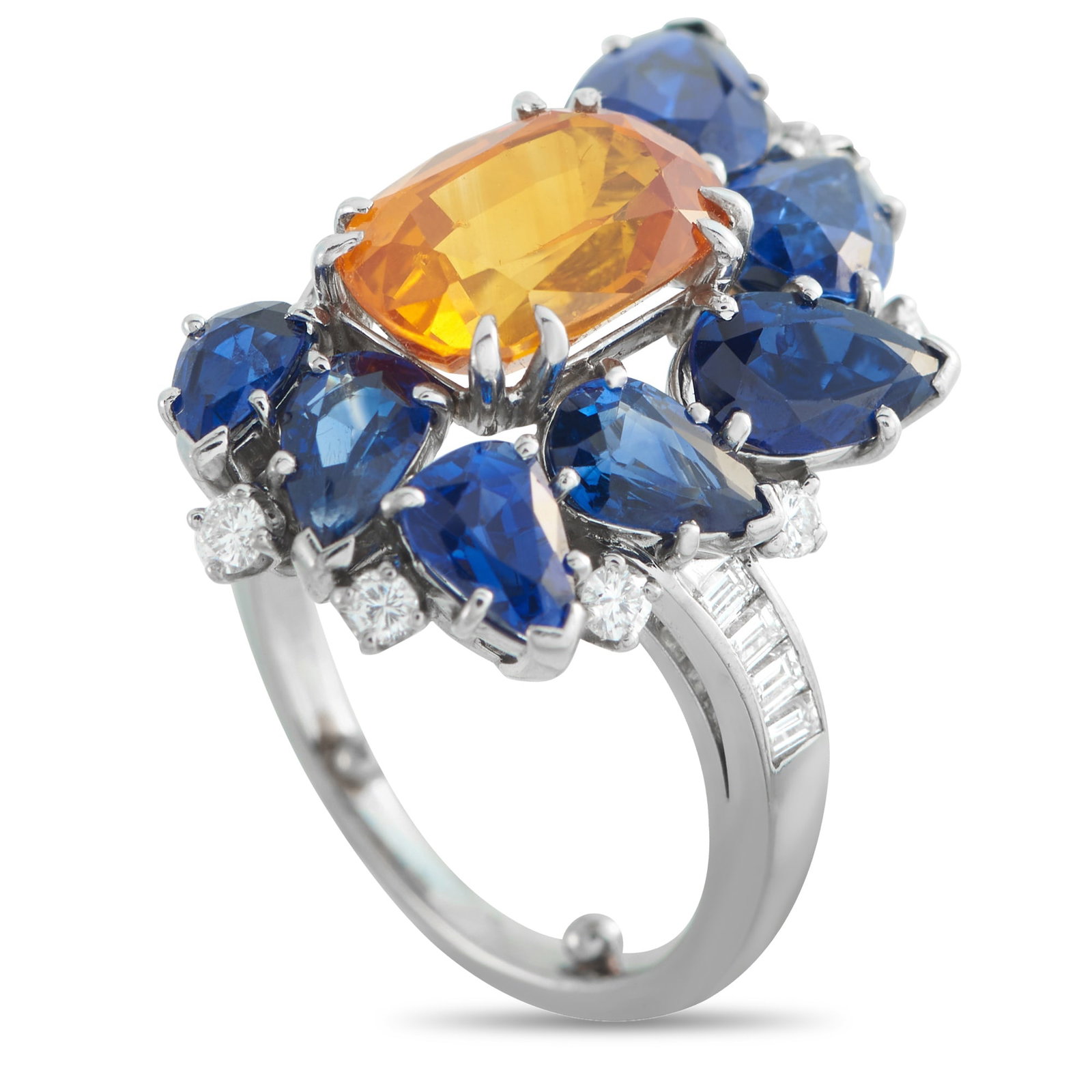 Platinum 0.45ct Diamond and Sapphire Ring: Like the sunset and the sea, this ring contrasts a 3.90 ct oval orange sapphire with a rhythmic spray of ocean-blue tones. Double claw prongs hold the center stone’s citrus glow, while 3.65 carats
