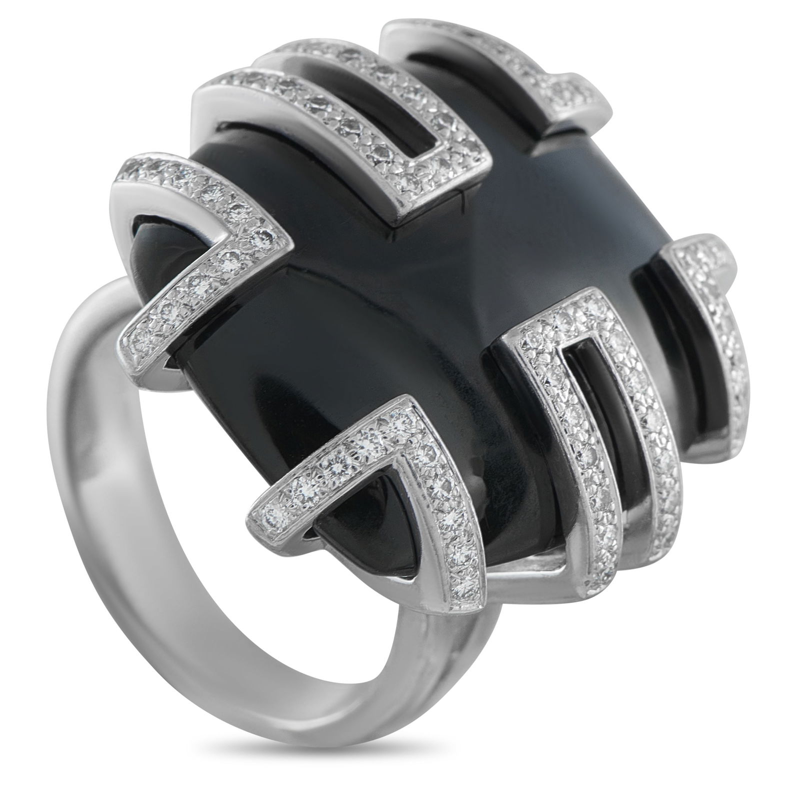 CartierLe Baiser Du Dragon 18K White Gold Diamond Ring: This sophisticated Cartier Le Baiser Du Dragon ring features a bold black center stone surrounded by a sleek, geometric 18K White Gold setting. Inset Diamonds add sparkle to the design while offering